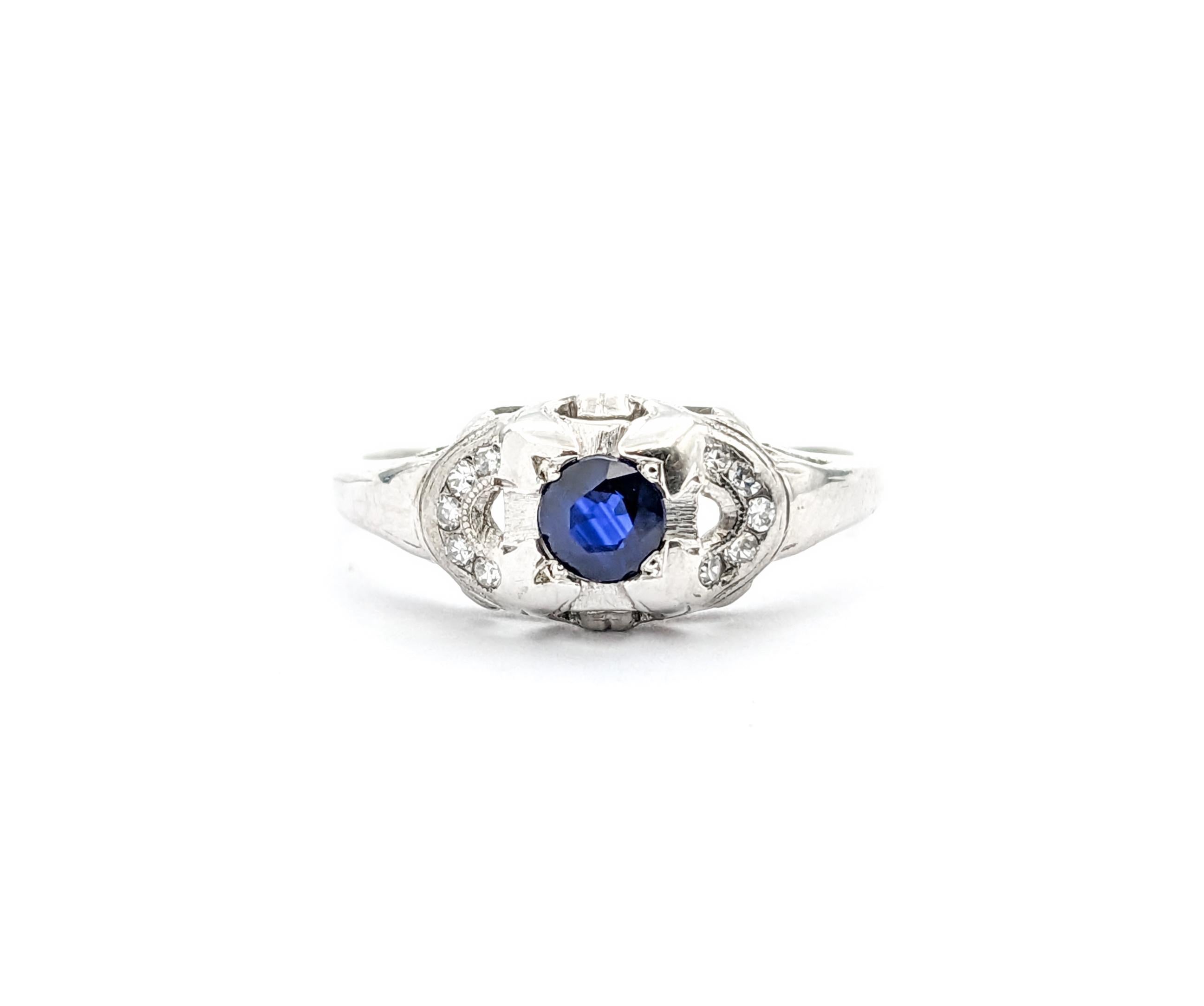 Vintage Blue Sapphire & Diamond Ring In White Gold For Sale 4