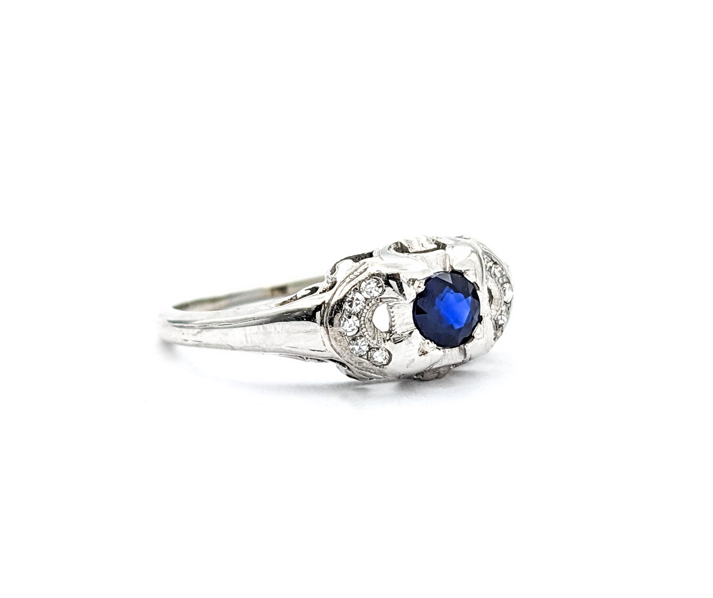 Women's Vintage Blue Sapphire & Diamond Ring In White Gold For Sale