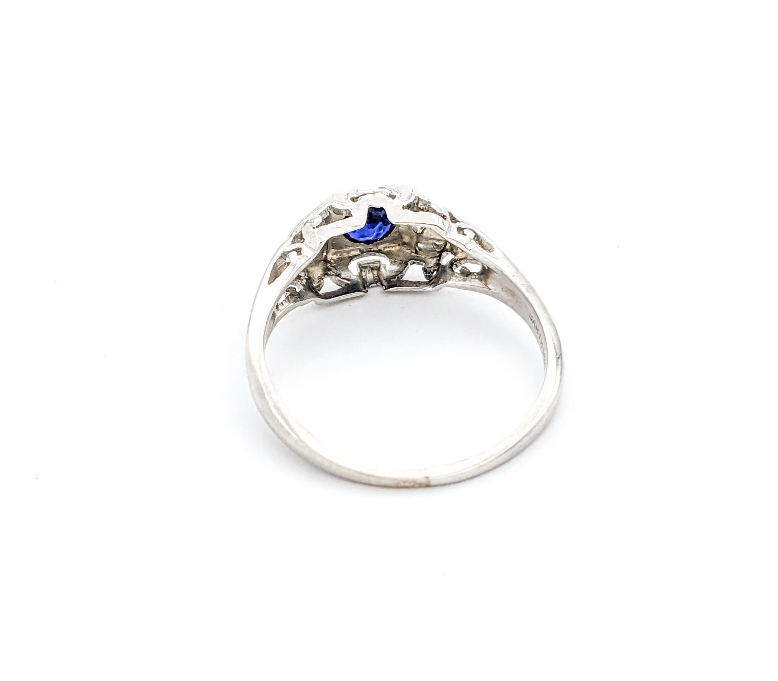 Vintage Blue Sapphire & Diamond Ring In White Gold For Sale 2