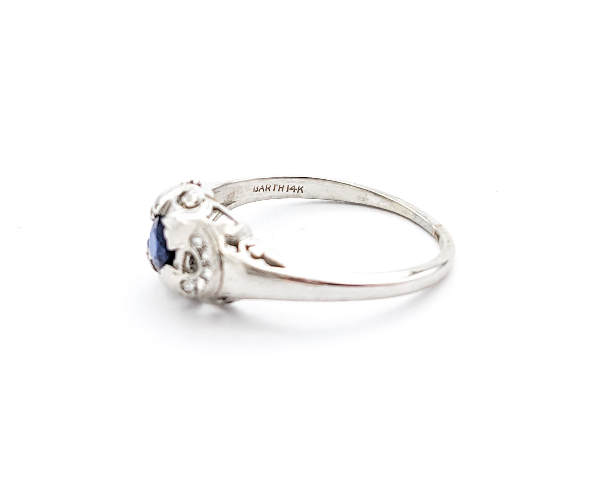 Vintage Blue Sapphire & Diamond Ring In White Gold For Sale 3