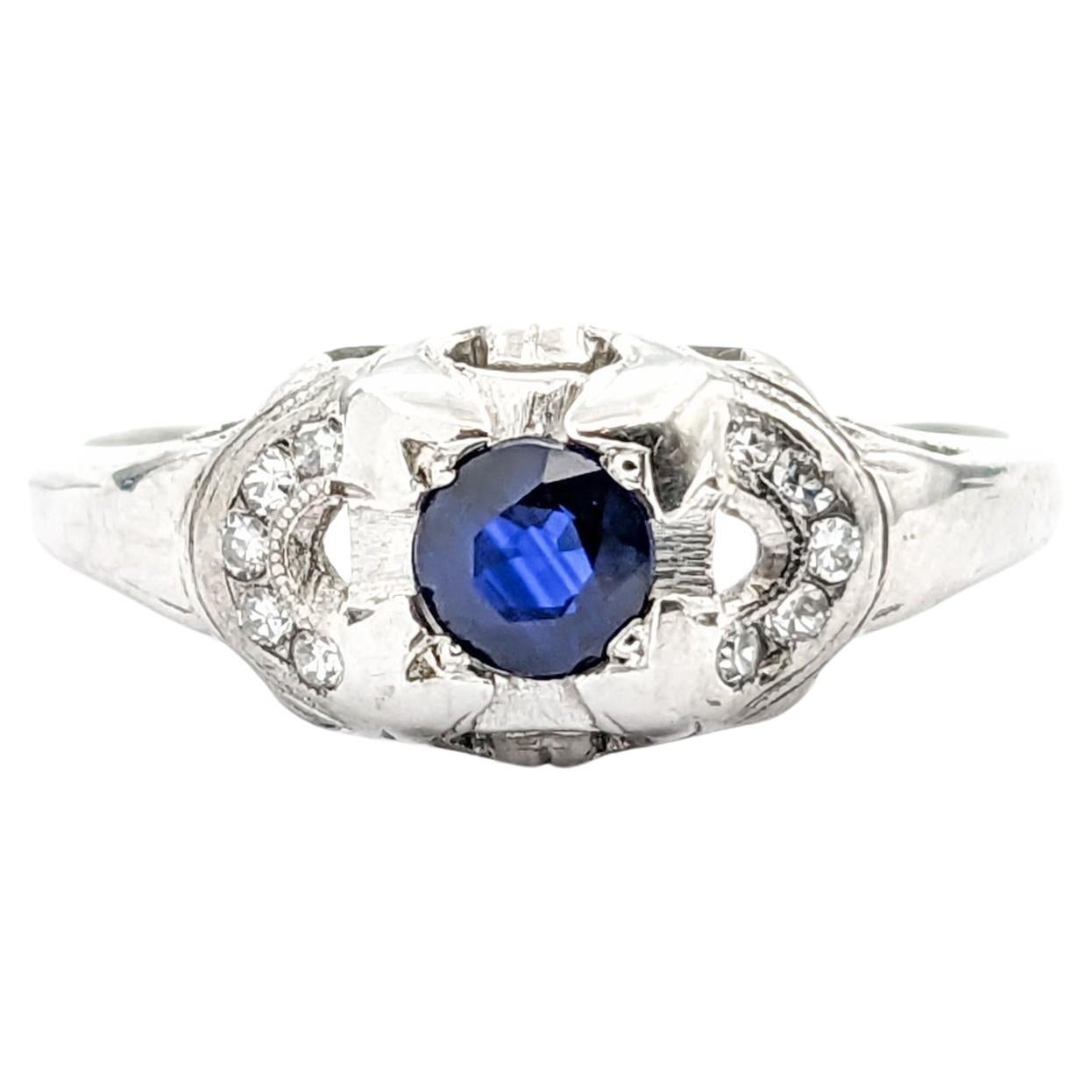 Vintage Blue Sapphire & Diamond Ring In White Gold For Sale