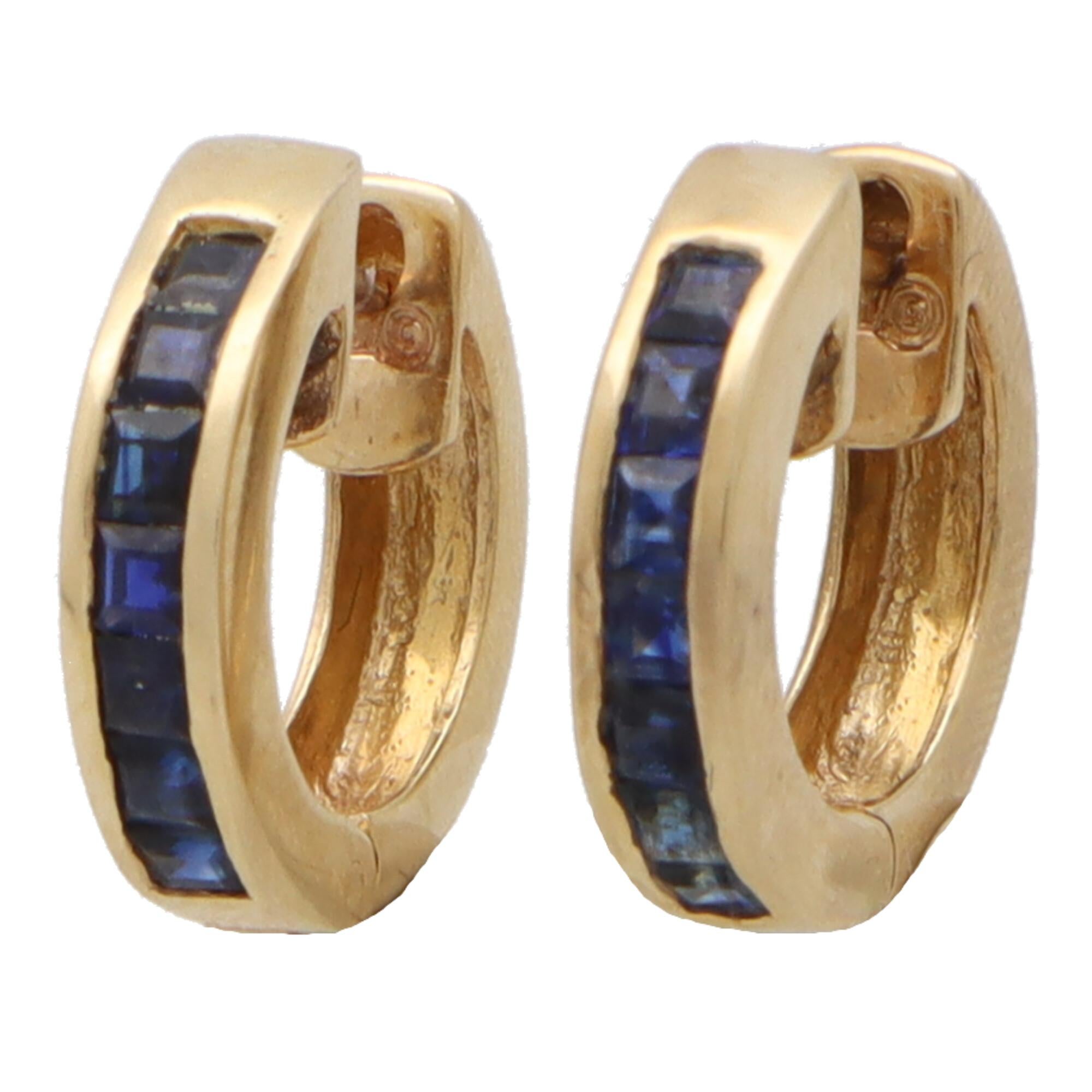 Women's or Men's Vintage Blue Sapphire Hoop Earrings Set in 14k Yellow Gold