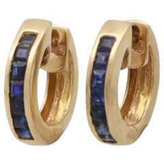 Vintage Blue Sapphire Hoop Earrings Set in 14k Yellow Gold