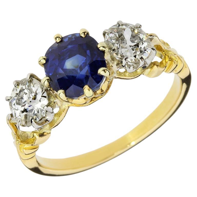 Vintage Blue Sapphire & Old European Cut Diamond 14K 3 Stone Ring For Sale