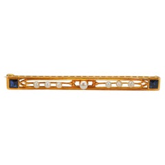 Bar-Anstecknadelbrosche aus 14 Karat Gelbgold mit blauem Saphir und Perle