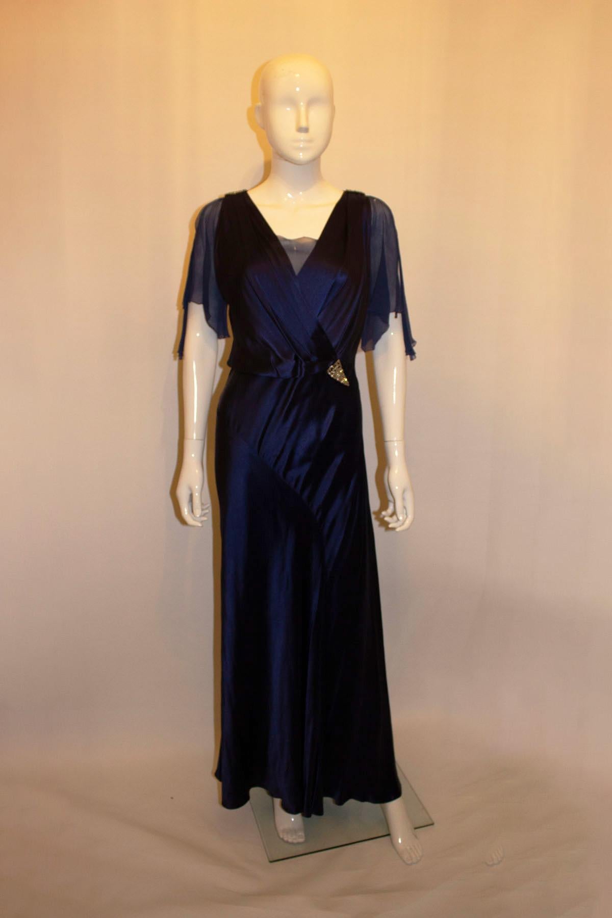Vintage Blue Satin Marshall and Snelgrove  Satin Dress In Good Condition For Sale In London, GB