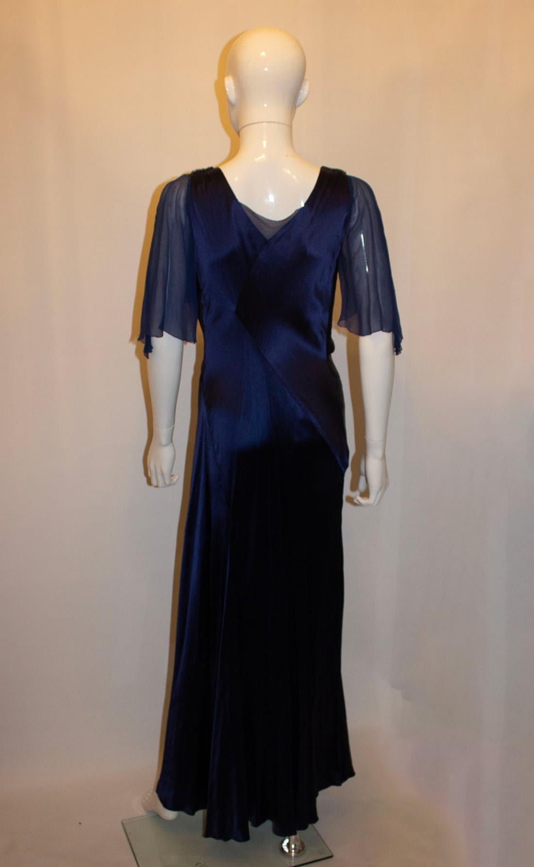 Vintage Blue Satin Marshall and Snelgrove  Satin Dress For Sale 1