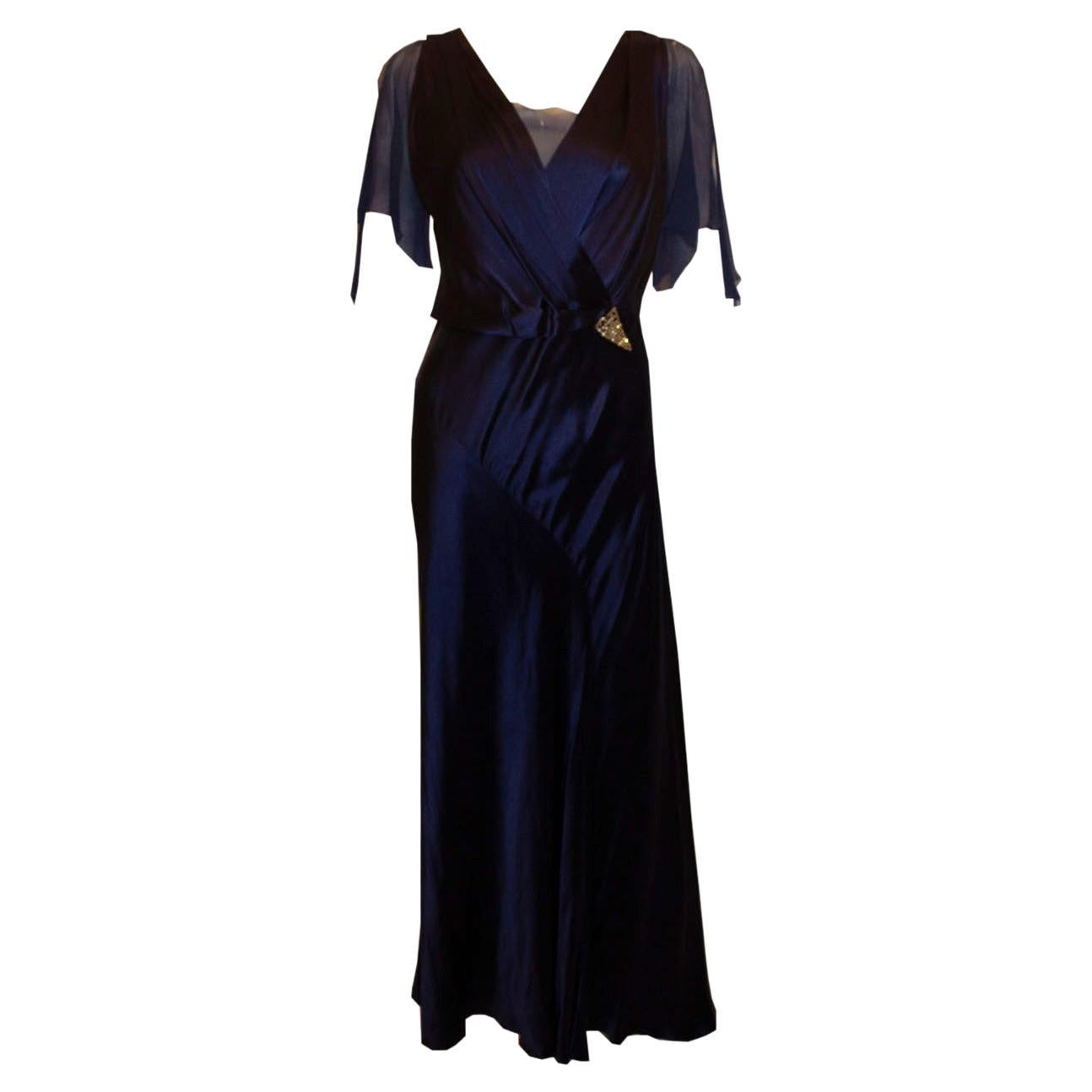 Vintage Blue Satin Marshall and Snelgrove  Satin Dress For Sale