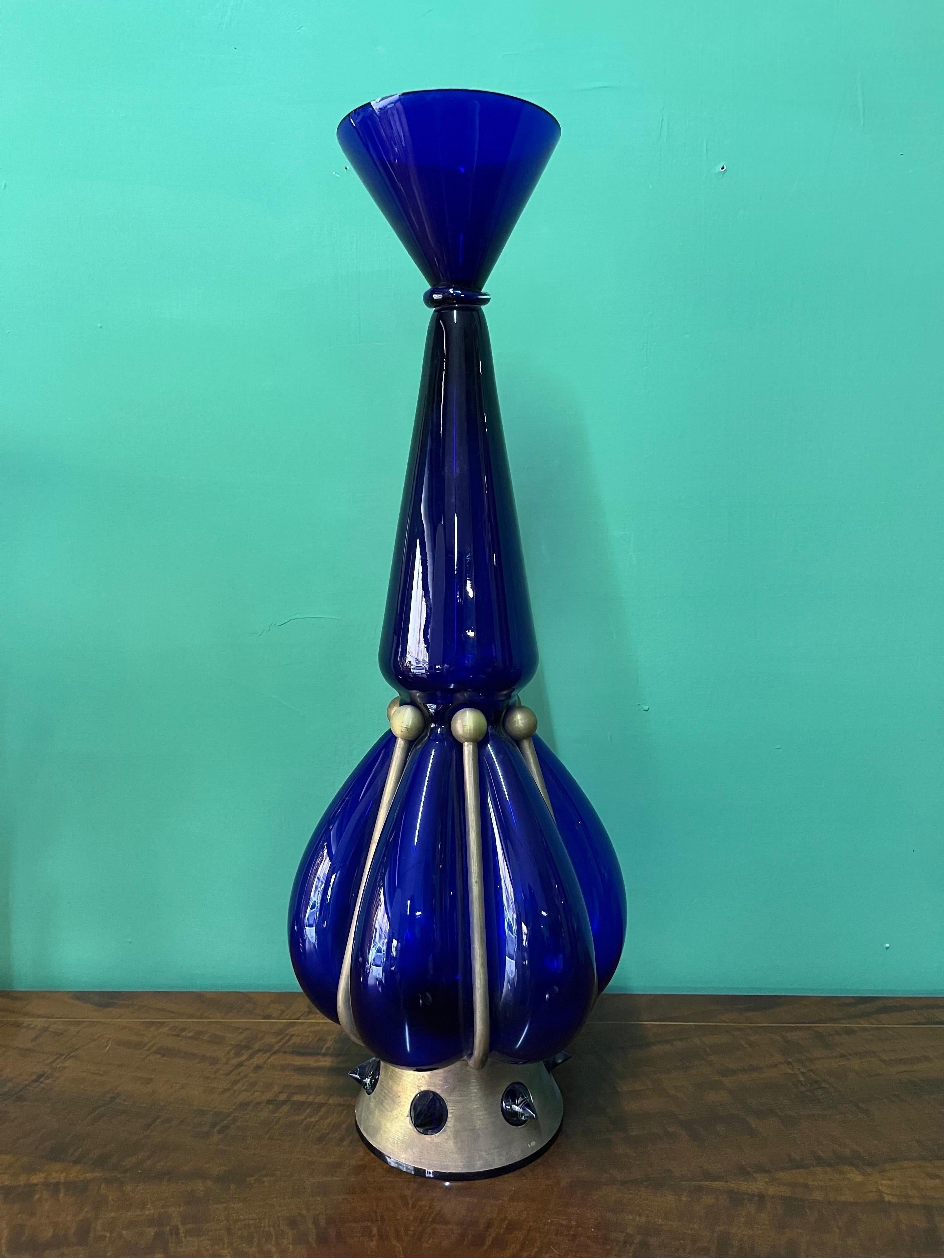 Art Glass Vintage Blue Sculpture Vase 1980s For Sale