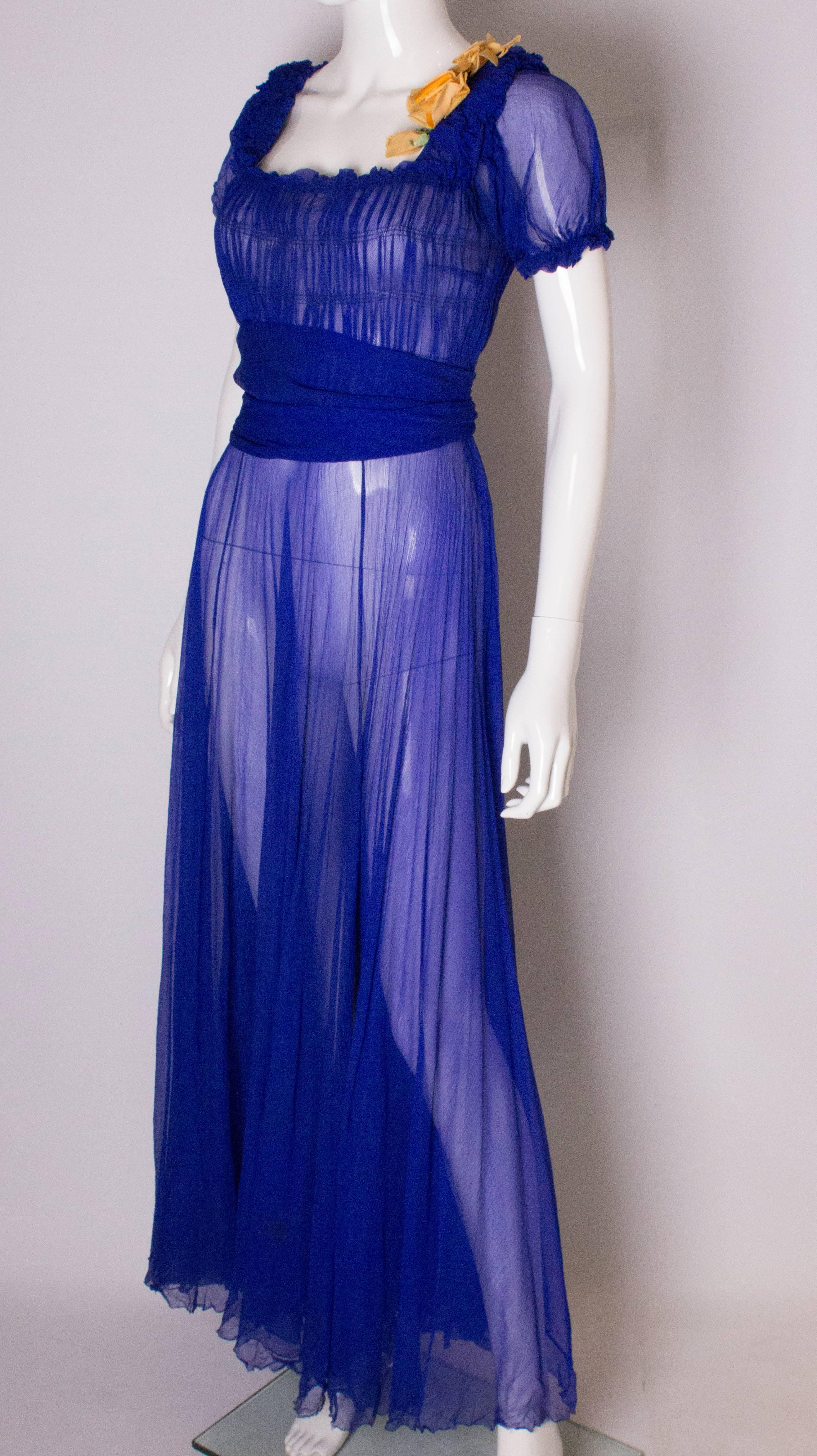 Women's Vintage  Blue Silk Chiffon Gown