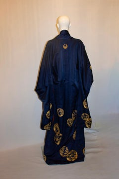 Vintage Blue Silk Kimono with Embroidery