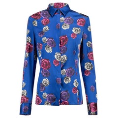 Vintage Blue Silk Rose Print Blouse Size L