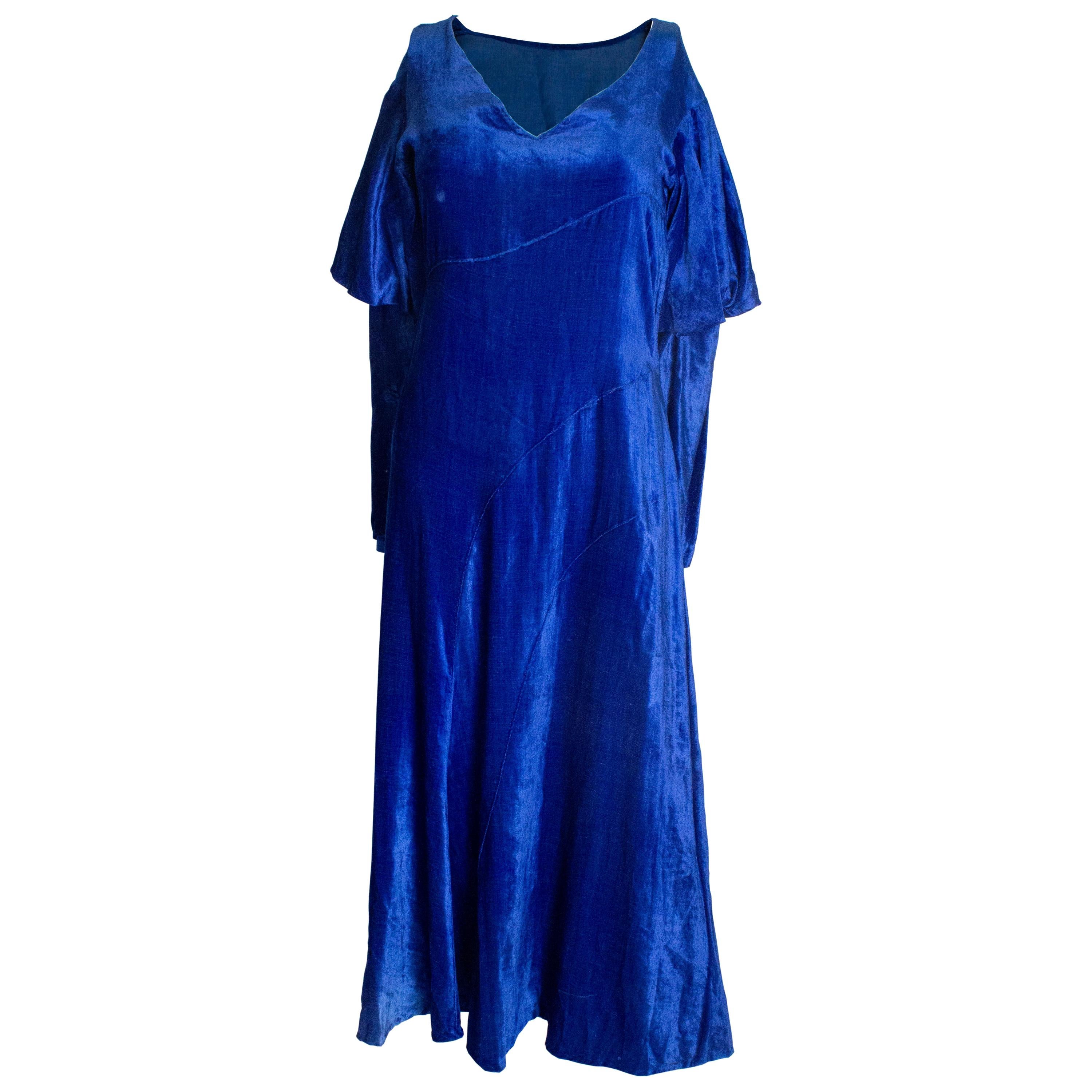 Vintage Blue Silk Velvet Dress For Sale