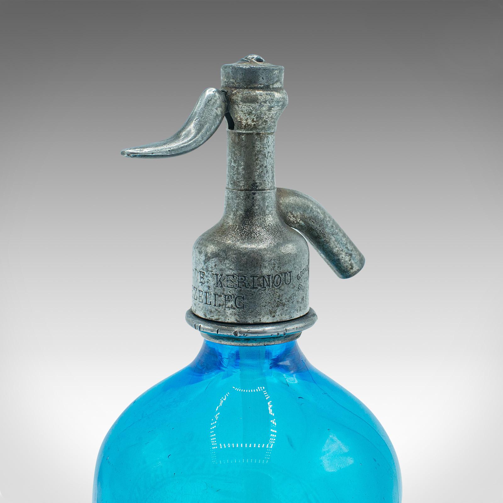 Vintage Blue Soda Siphon, French, Decorative Glass, Bistro Seltzer Bottle, 1932 3