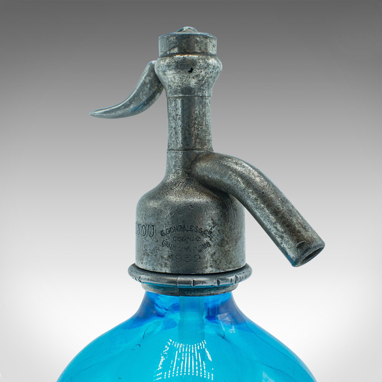 Vintage Blue Soda Siphon, French, Decorative Glass, Bistro Seltzer Bottle, 1932 4