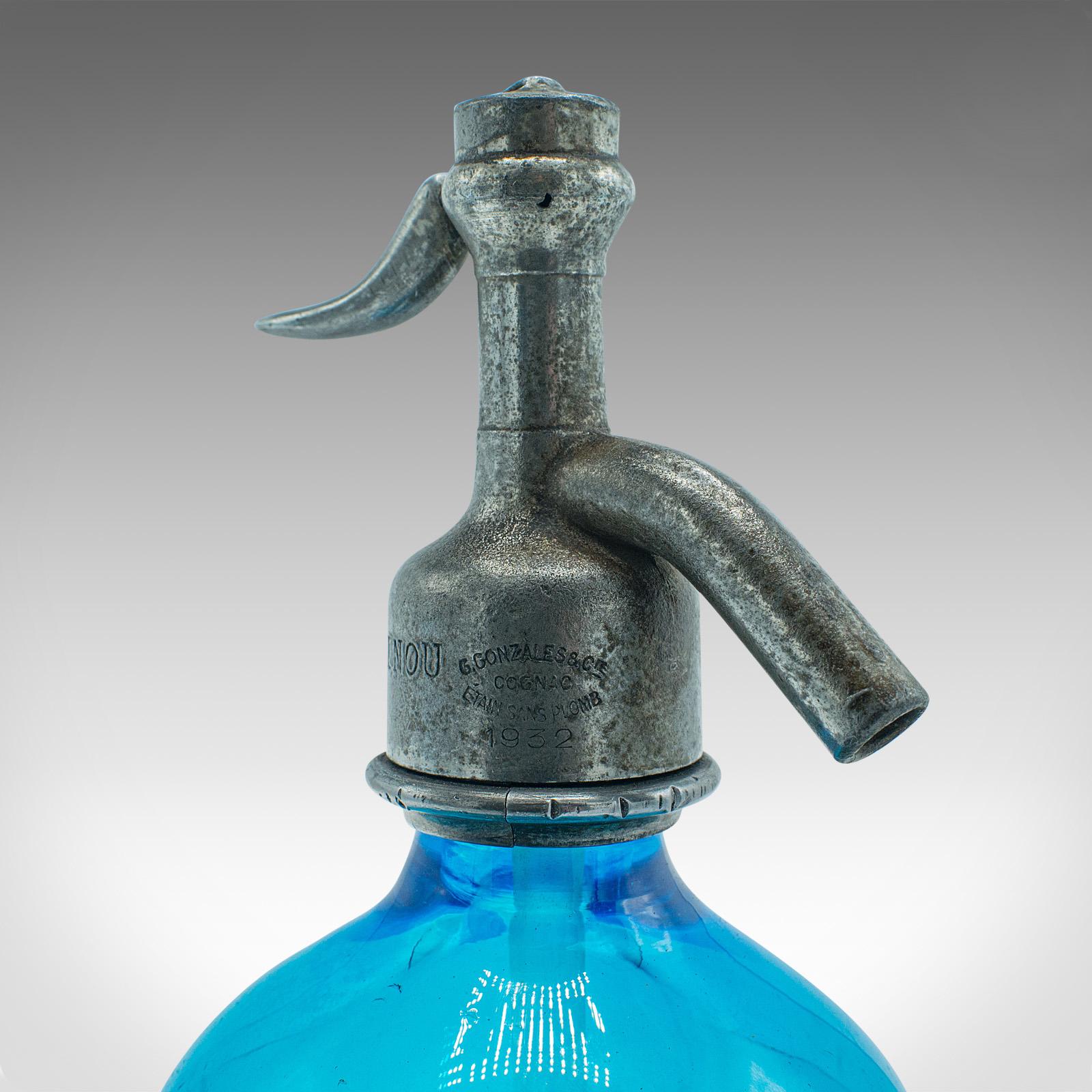 Blauer Soda-Siphon, Französisch, Dekoratives Glas, Bistro-Seltzer-Flasche, 1932 5