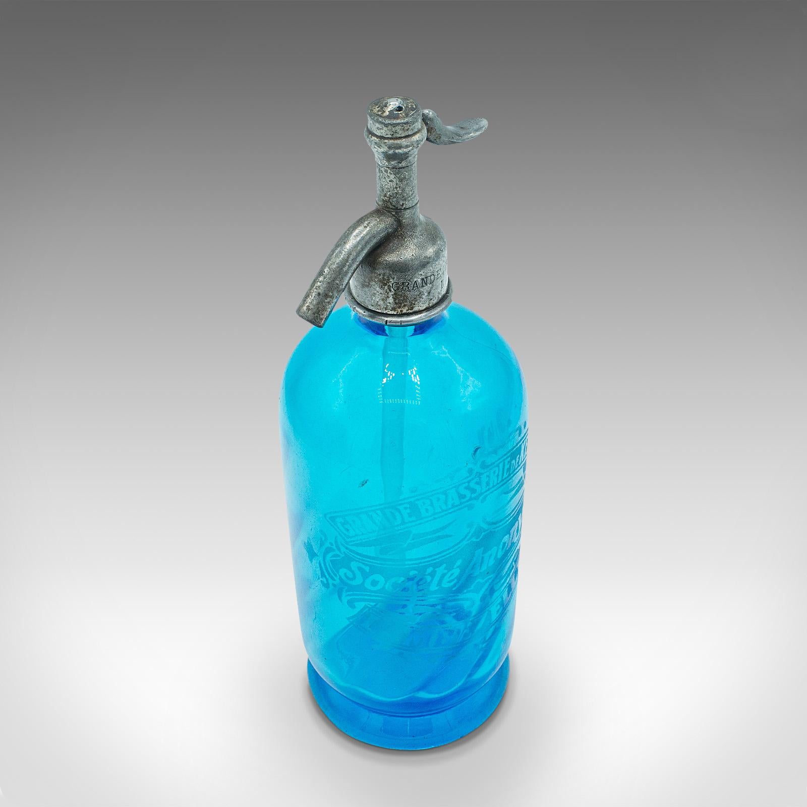 Vintage Blue Soda Siphon, French, Decorative Glass, Bistro Seltzer Bottle, 1932 In Good Condition In Hele, Devon, GB