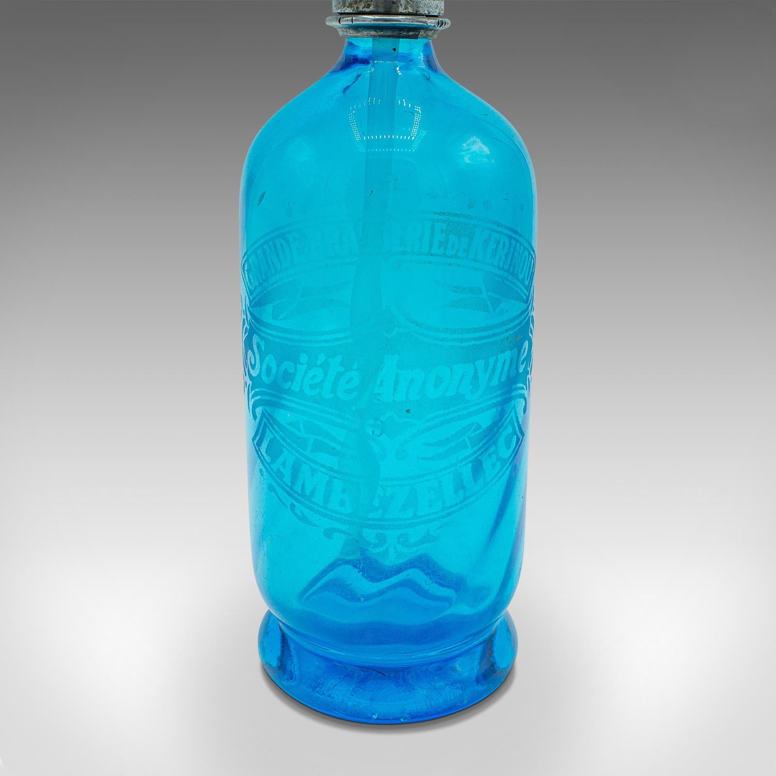 20th Century Vintage Blue Soda Siphon, French, Decorative Glass, Bistro Seltzer Bottle, 1932