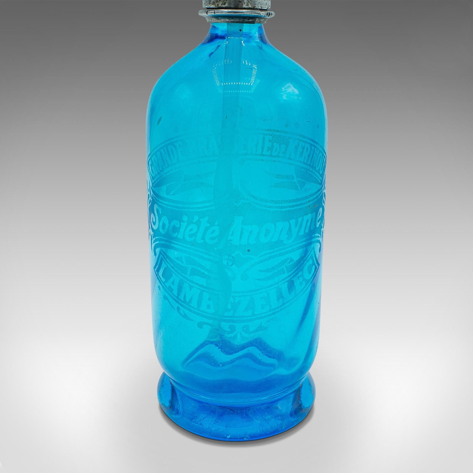 Blauer Soda-Siphon, Französisch, Dekoratives Glas, Bistro-Seltzer-Flasche, 1932 1