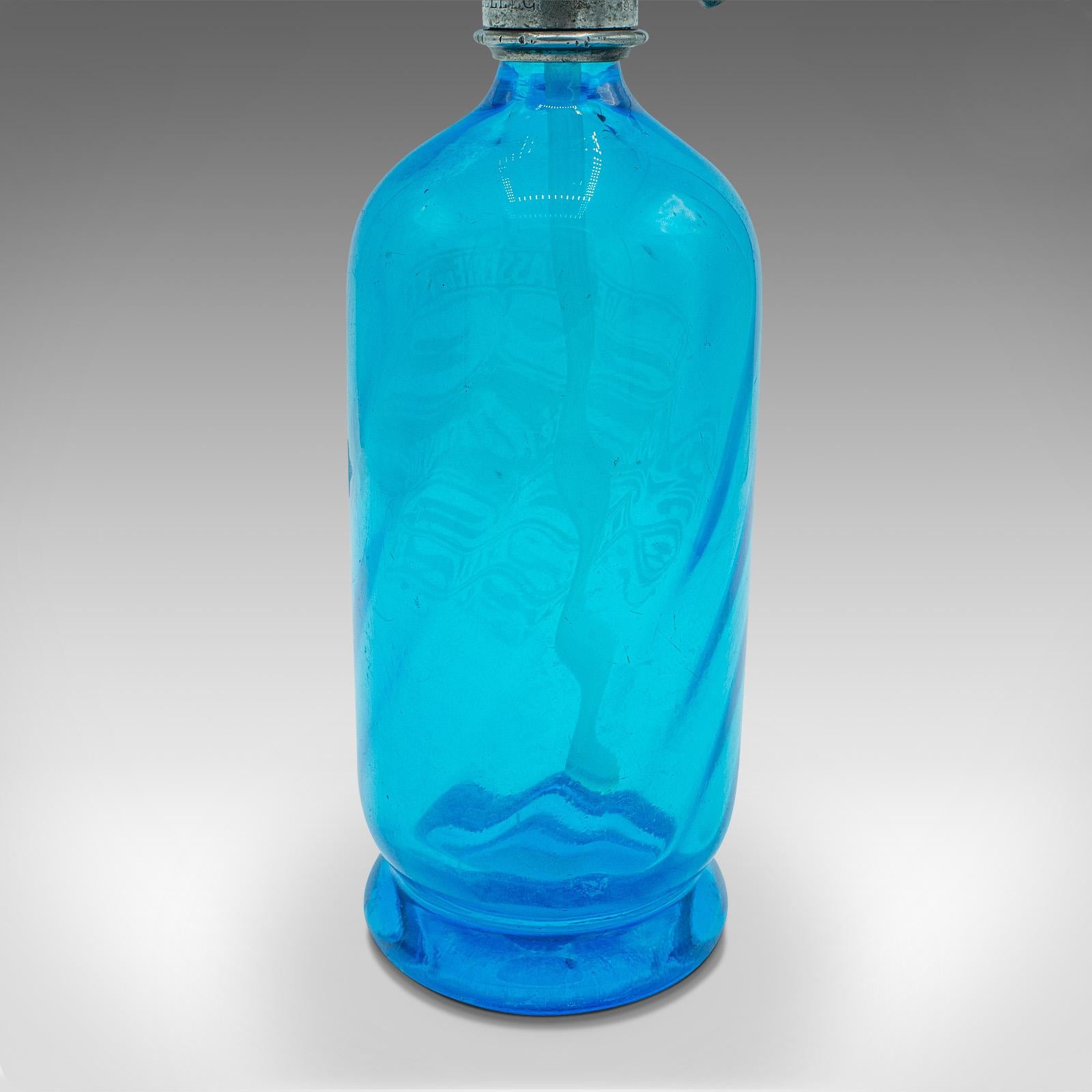 Vintage Blue Soda Siphon, French, Decorative Glass, Bistro Seltzer Bottle, 1932 1