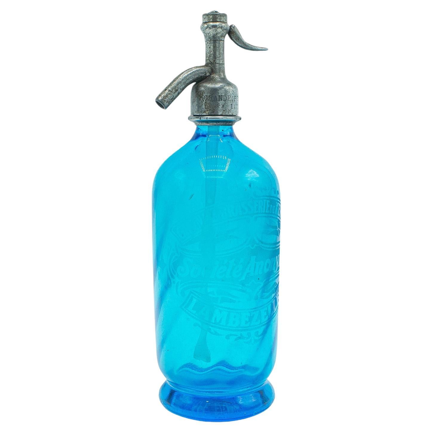 Blauer Soda-Siphon, Französisch, Dekoratives Glas, Bistro-Seltzer-Flasche, 1932