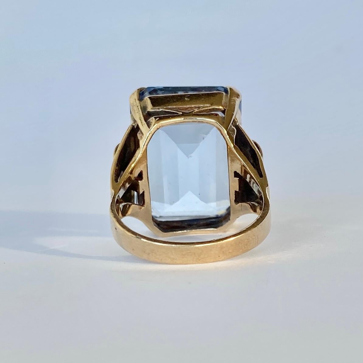 This ring is a sure show stopper! The stone is set in a simple claw setting and is emerald cut. Modelled in 9ct gold an fully hallmarked Birmingham 1960.

Ring Size: P or 7 3/4 
Stone Dimensions: 21x15mm 
Height From Finger: 10mm 

Weight: 12.2g