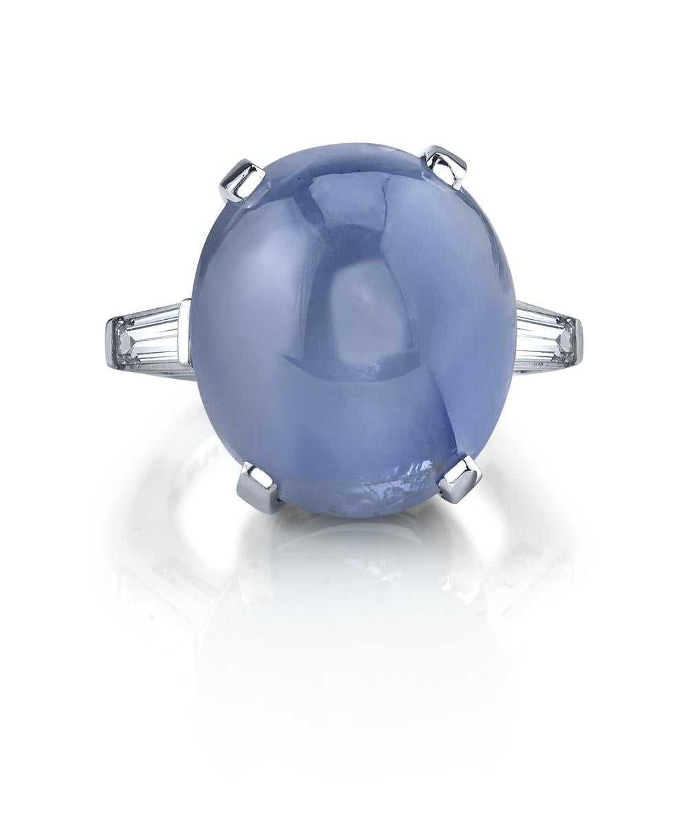 Women's 28 Carat Vintage Blue Star Sapphire and Diamond 3-Stone Ring, circa 1945-1955 For Sale
