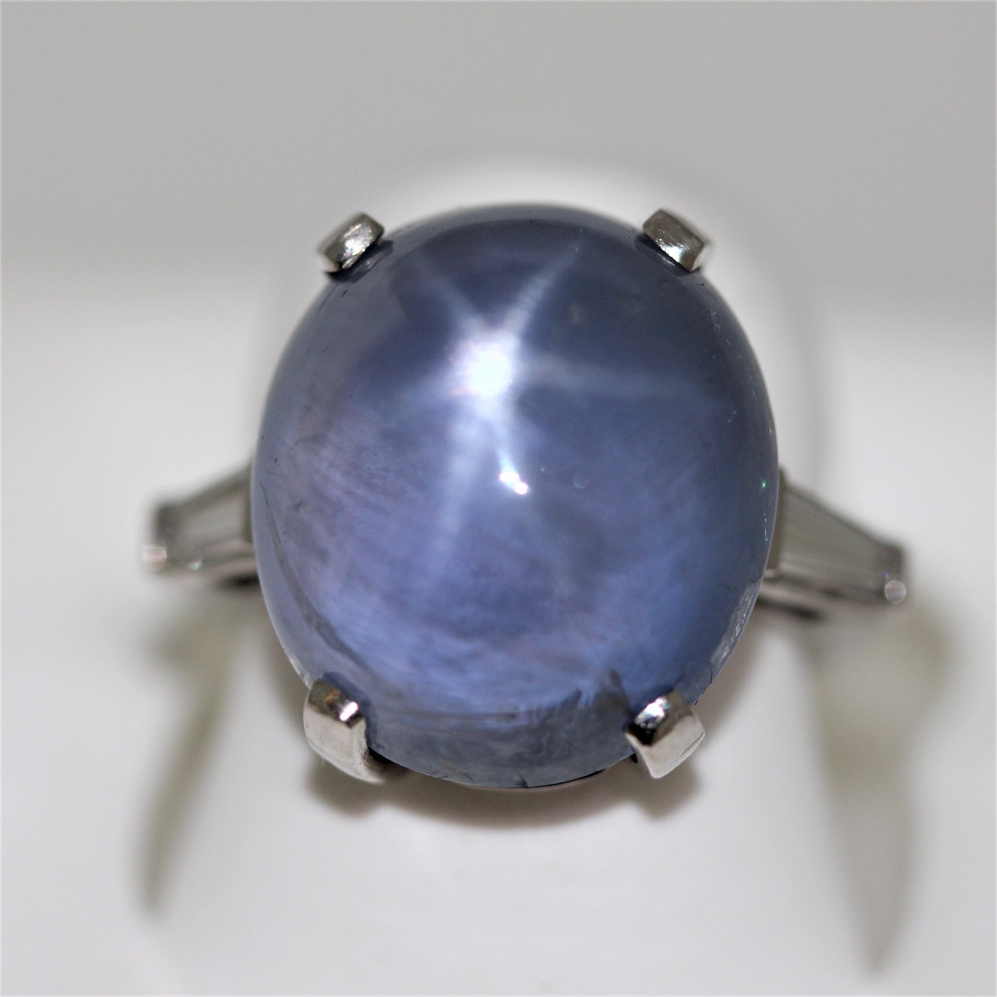 28 Carat Vintage Blue Star Sapphire and Diamond 3-Stone Ring, circa 1945-1955 In Excellent Condition For Sale In Santa Monica, CA