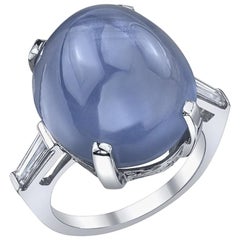 28 Carat Vintage Blue Star Sapphire and Diamond 3-Stone Ring, circa 1945-1955