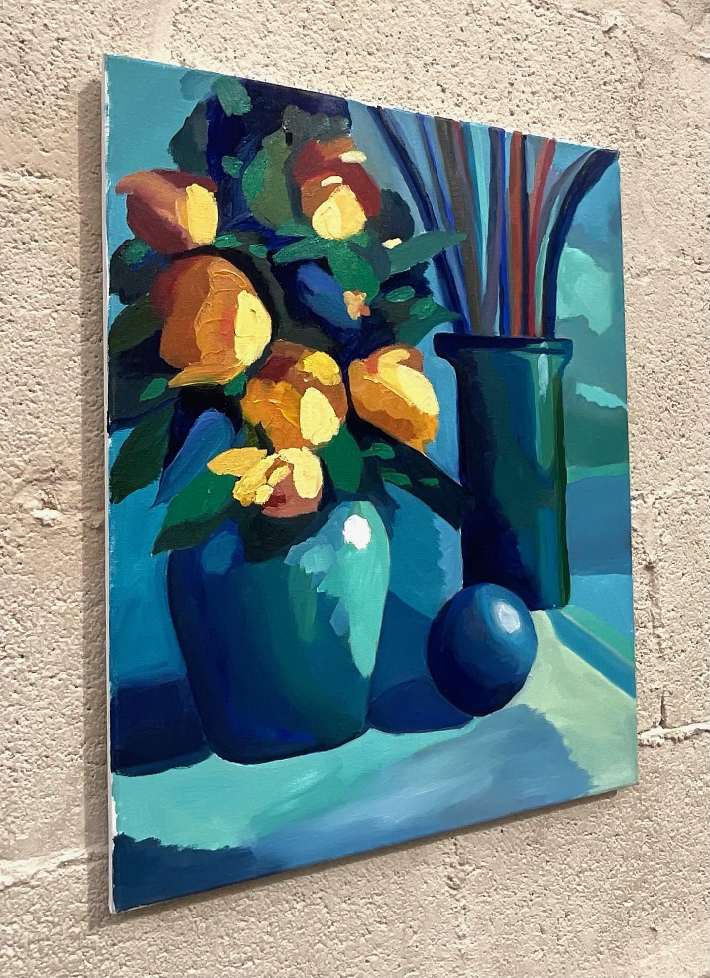 Vintage unsigned blue hue still life featuring yellow flowers with teal vase and beautiful shadow work. The piece has a modern element with almost a monochromatic story featuring several blue hues and the pop of yellow adds a whimsical element.