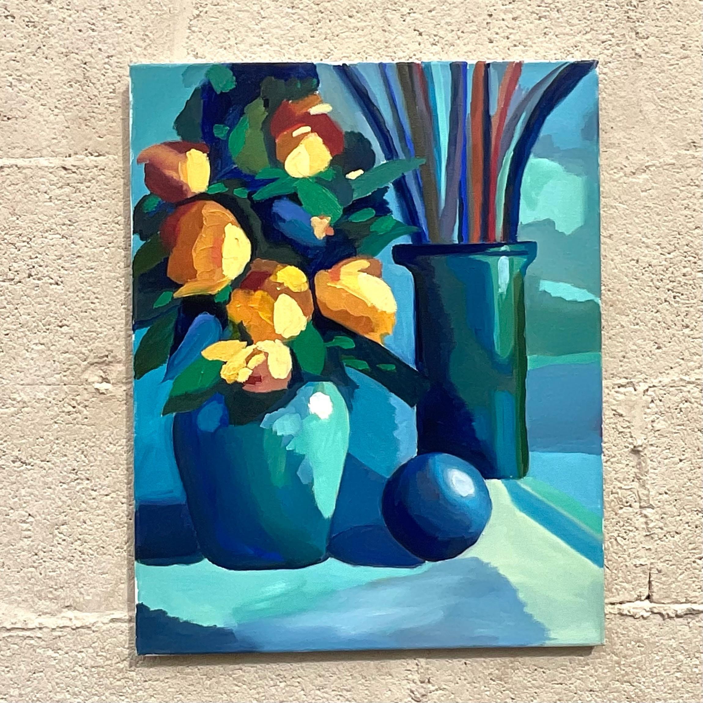 Modern Vintage Blue Still Life Oil Painting on Canvas For Sale