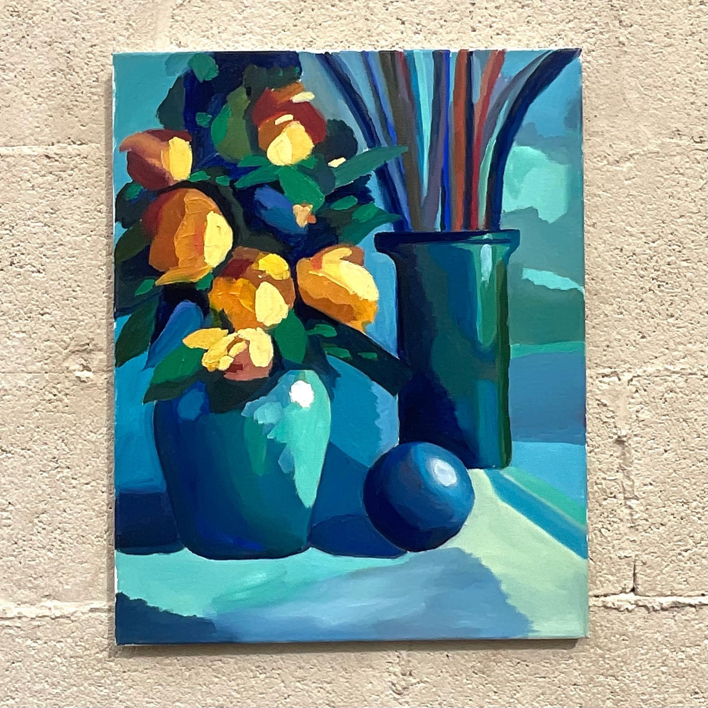 North American Vintage Blue Still Life Oil Painting on Canvas For Sale