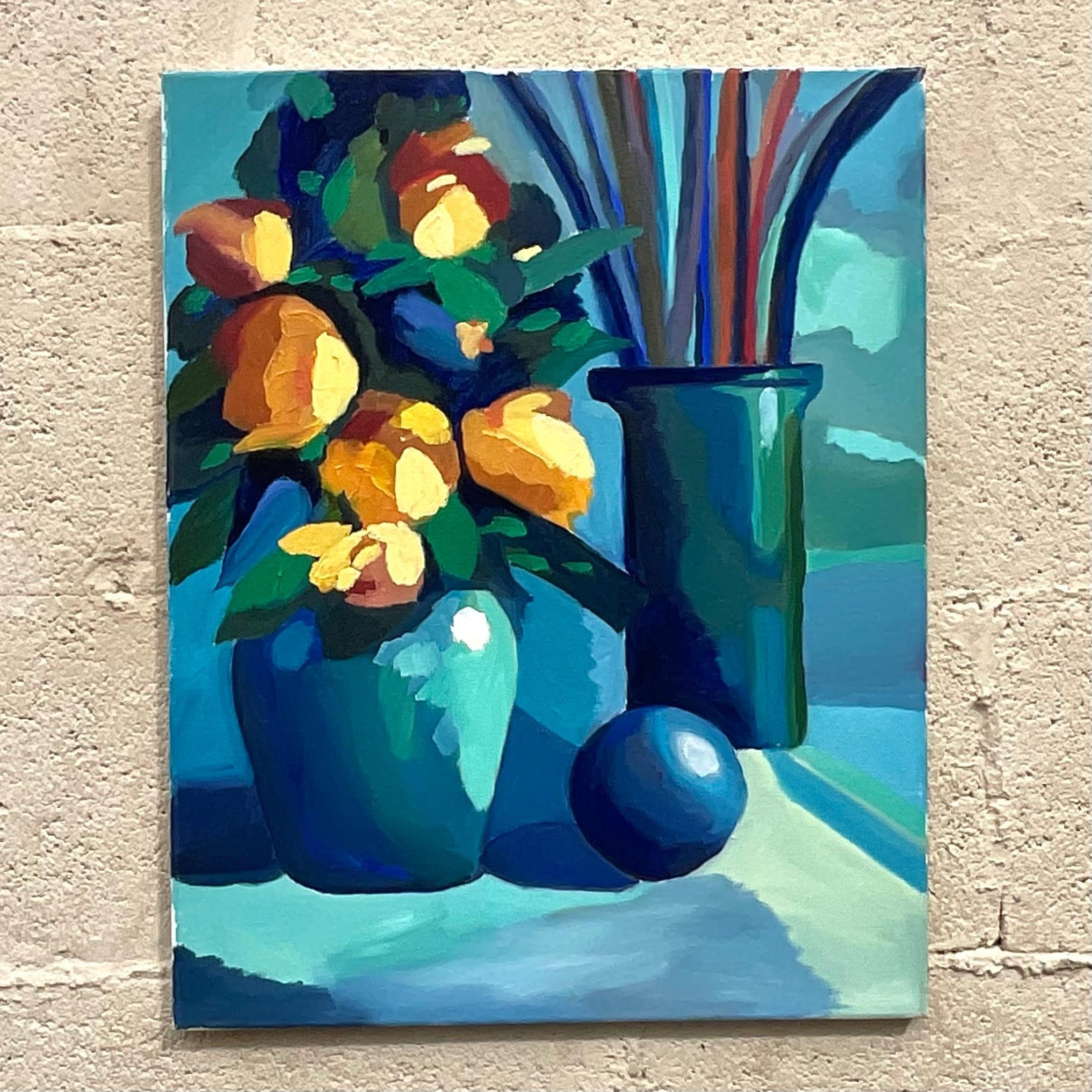Vintage Blue Still Life Oil Painting on Canvas In Good Condition For Sale In west palm beach, FL