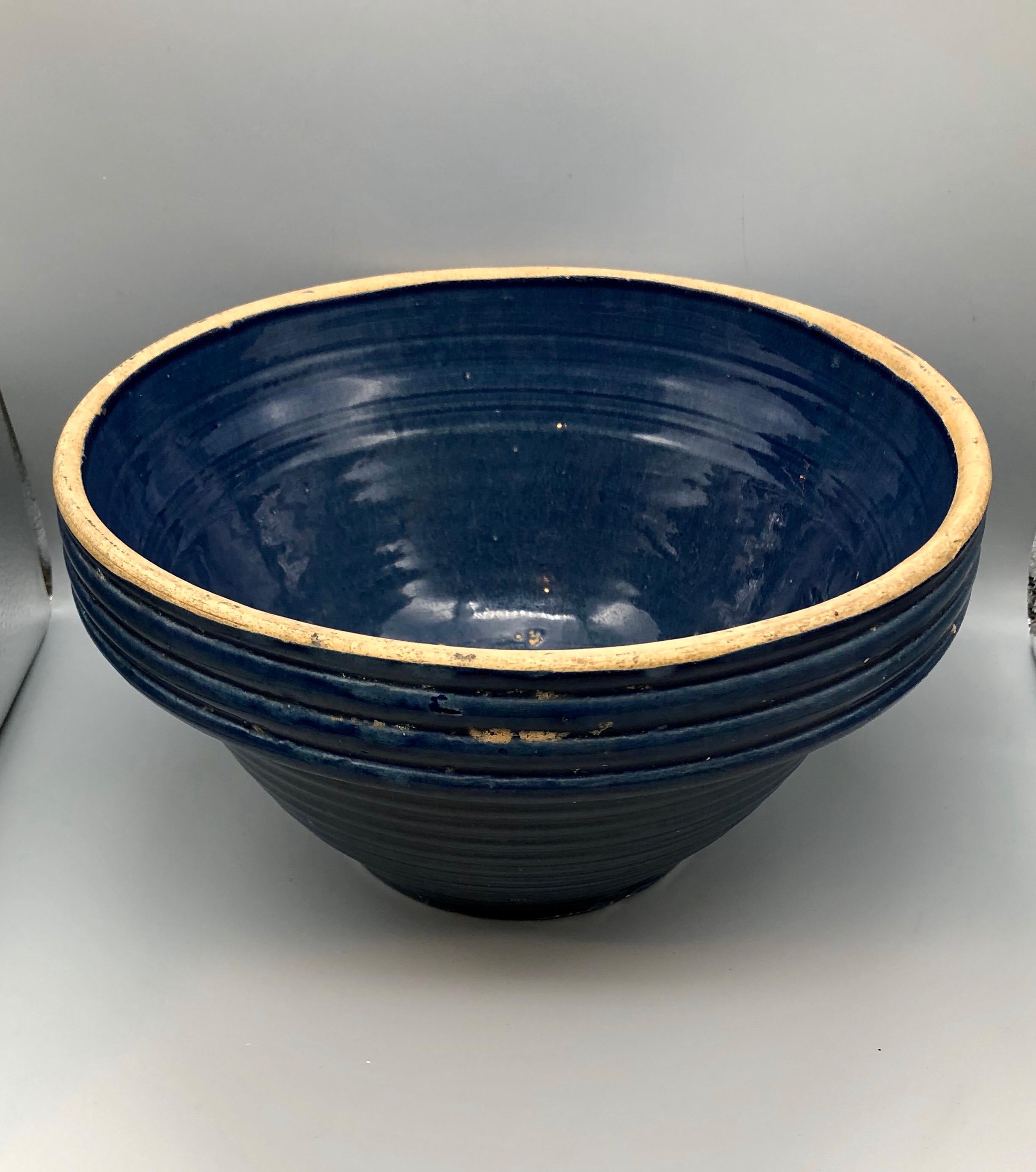 Clay Vintage Blue Stoneware Ringed Mixing Bowl #10 For Sale