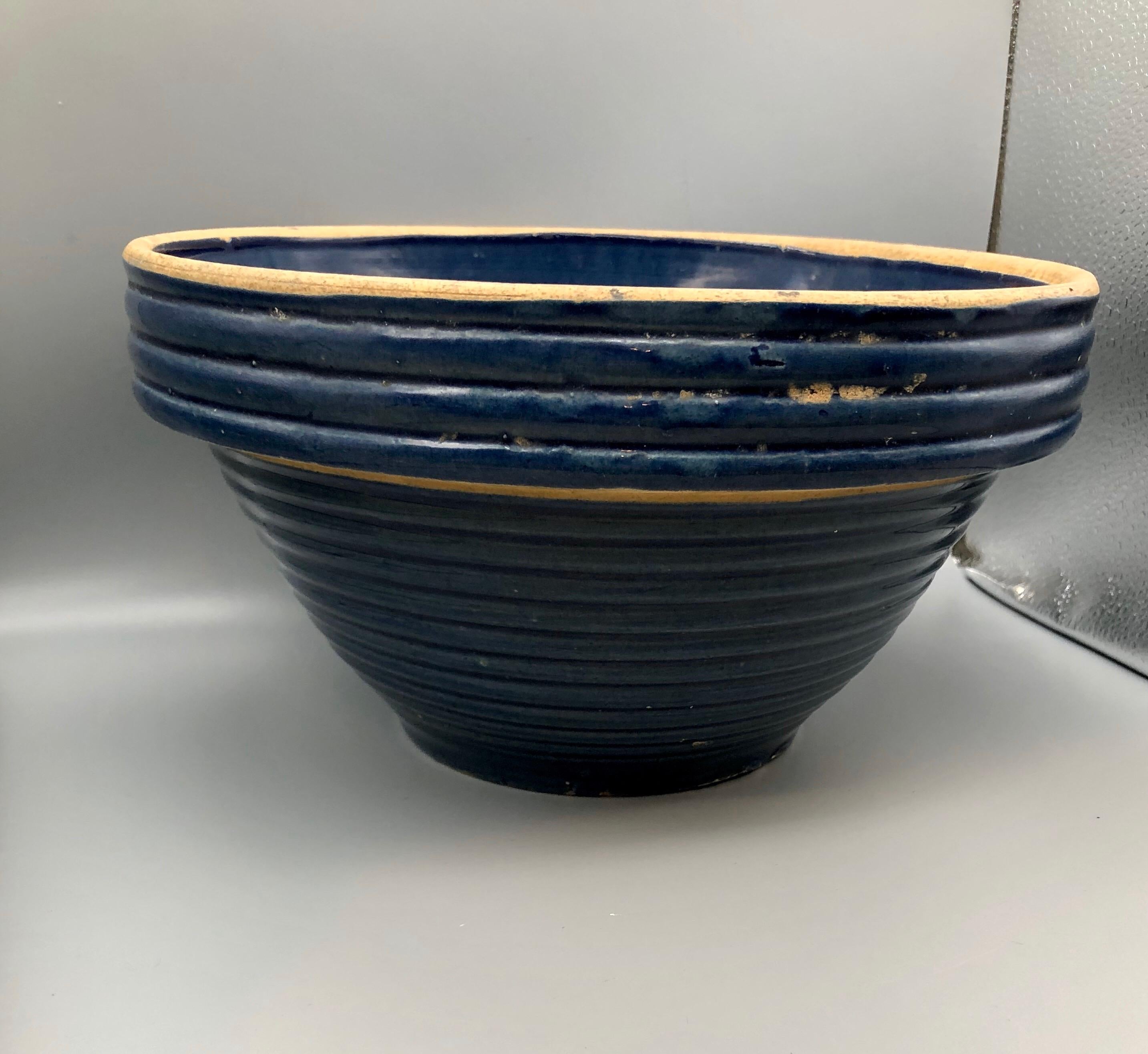 Vintage Blue Stoneware Ringed Mixing Bowl #10 For Sale 1