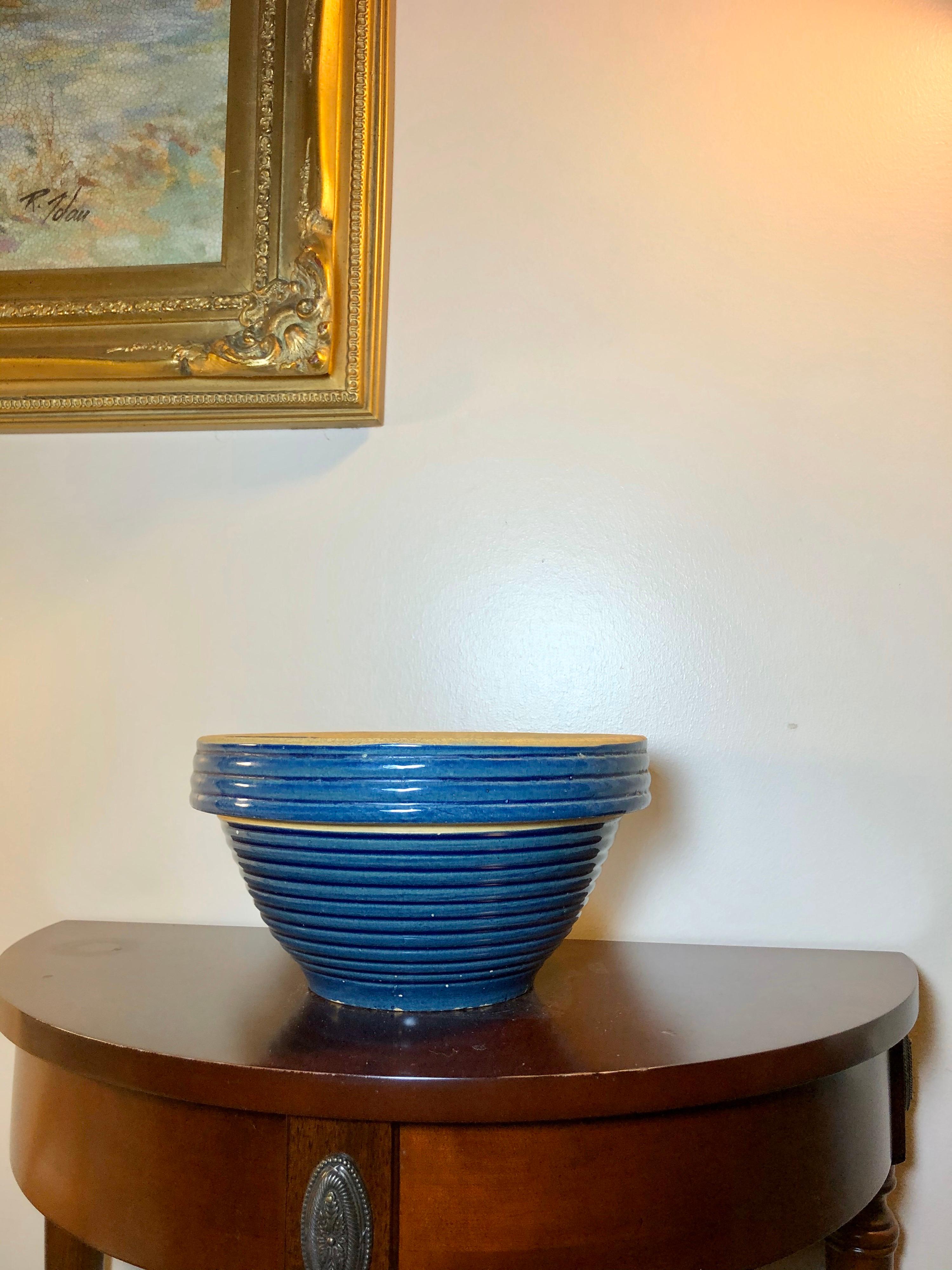 Vintage Blue Stoneware Ringed Mixing Bowl #10 For Sale 2