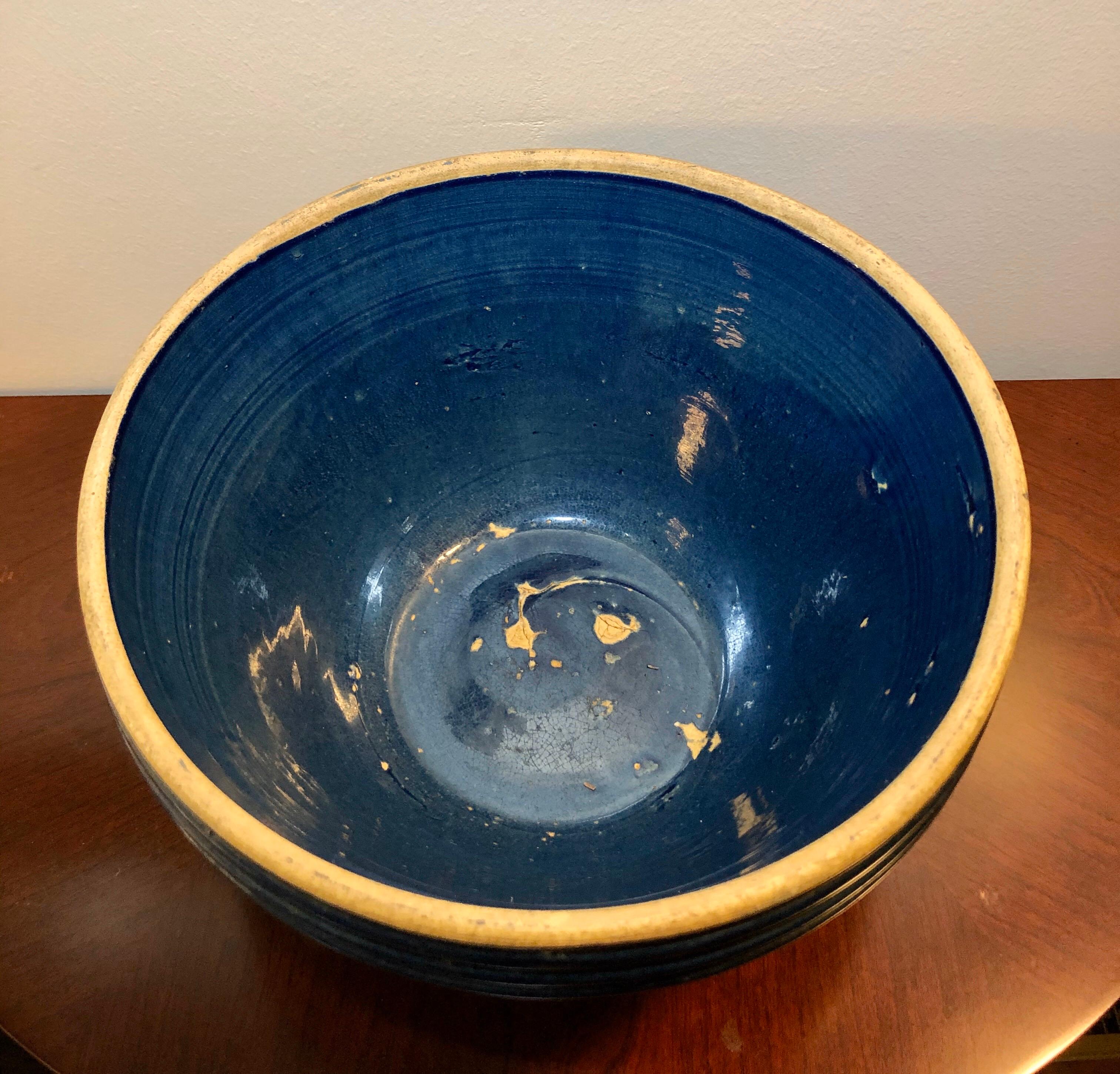 Vintage Blue Stoneware Ringed Mixing Bowl #10 For Sale 3