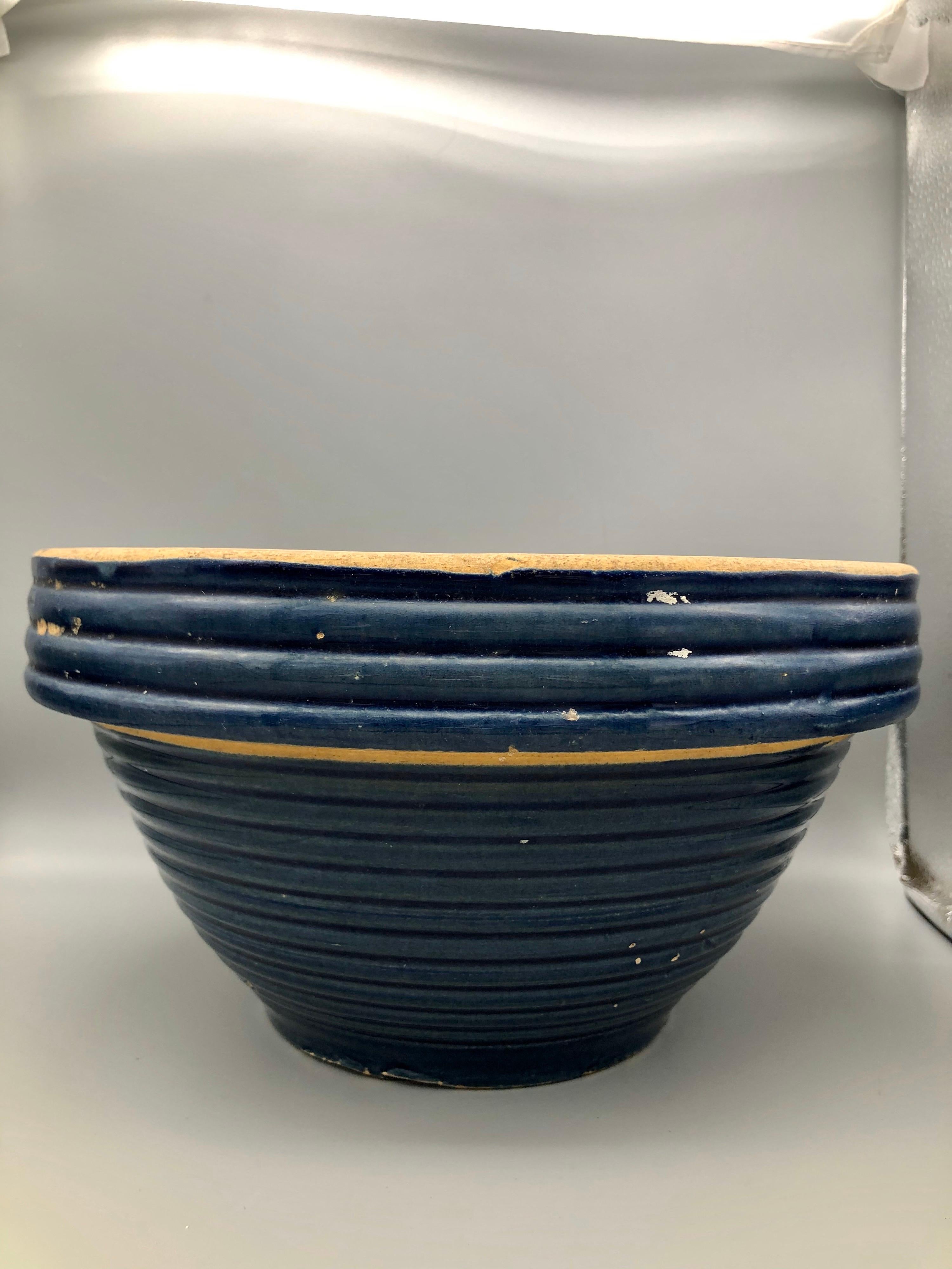 Primitive Vintage Blue Stoneware Ringed Mixing Bowl #10 For Sale