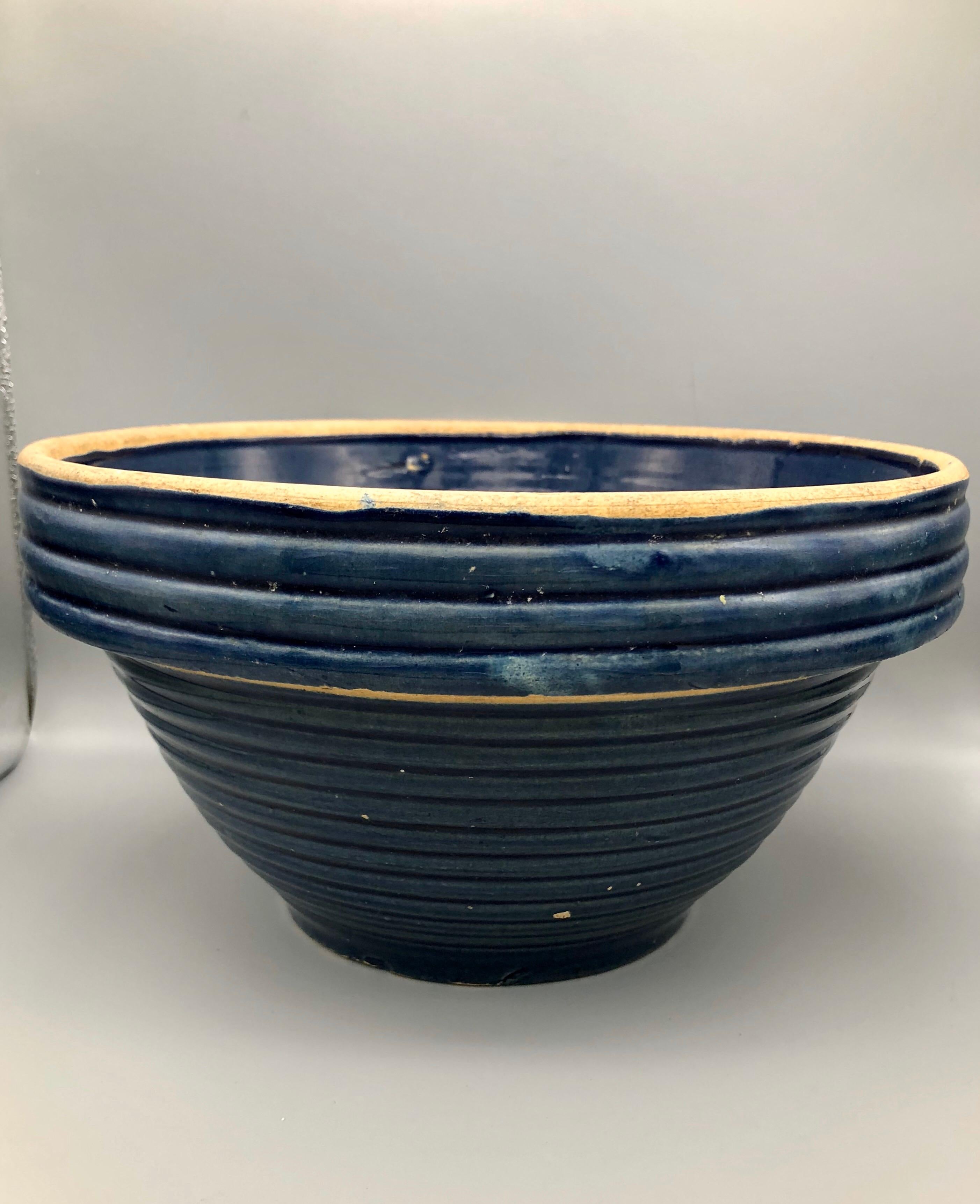 Glazed Vintage Blue Stoneware Ringed Mixing Bowl #10 For Sale