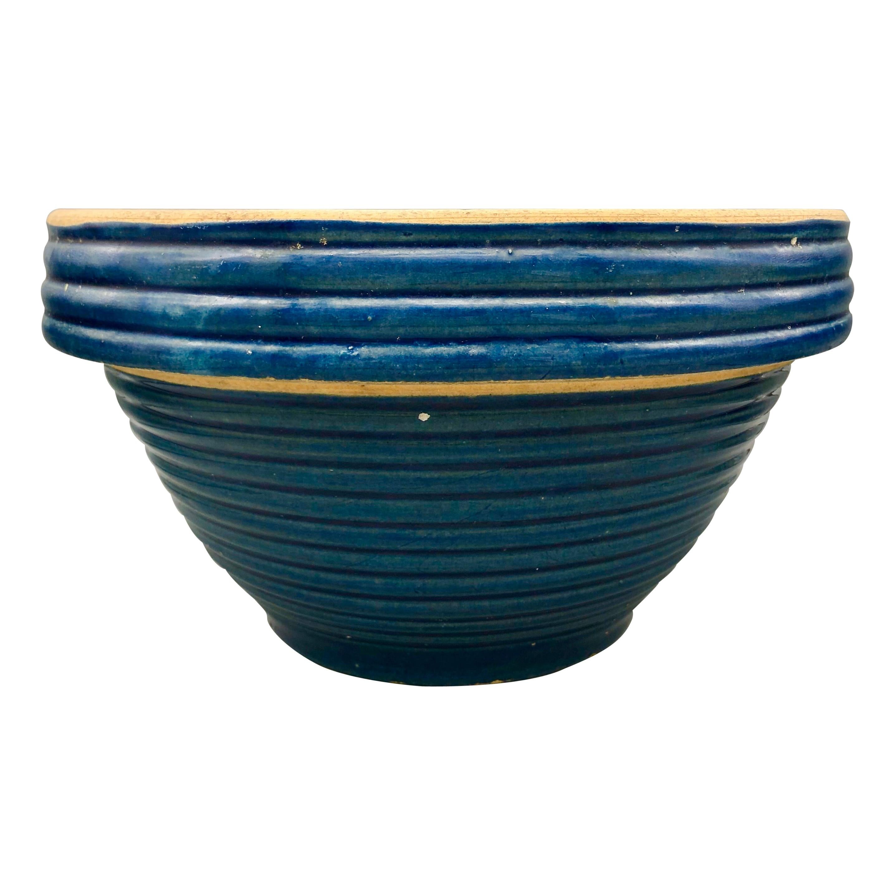 Vintage Blue Stoneware Ringed Mixing Bowl #10 For Sale