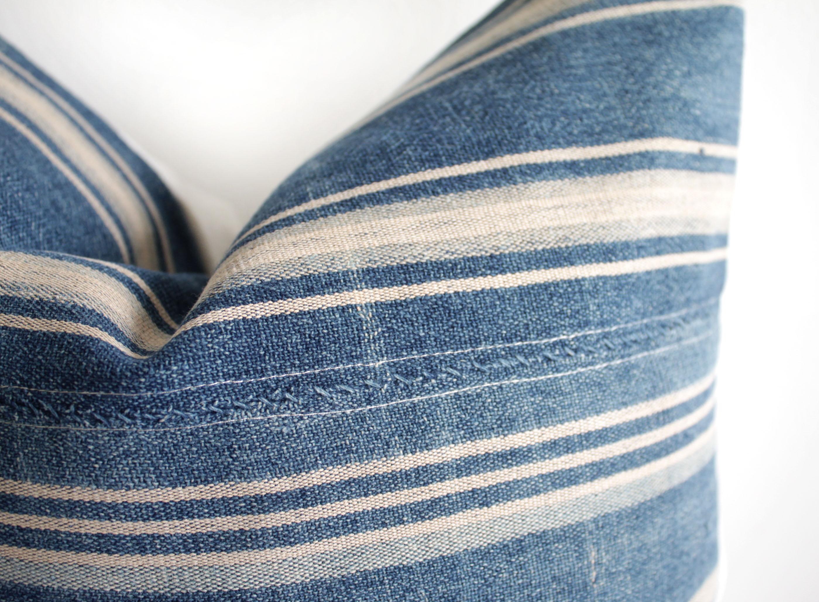 Vintage Blue Stripe African Mali Mud Cloth Textile Pillow In Distressed Condition In Brea, CA