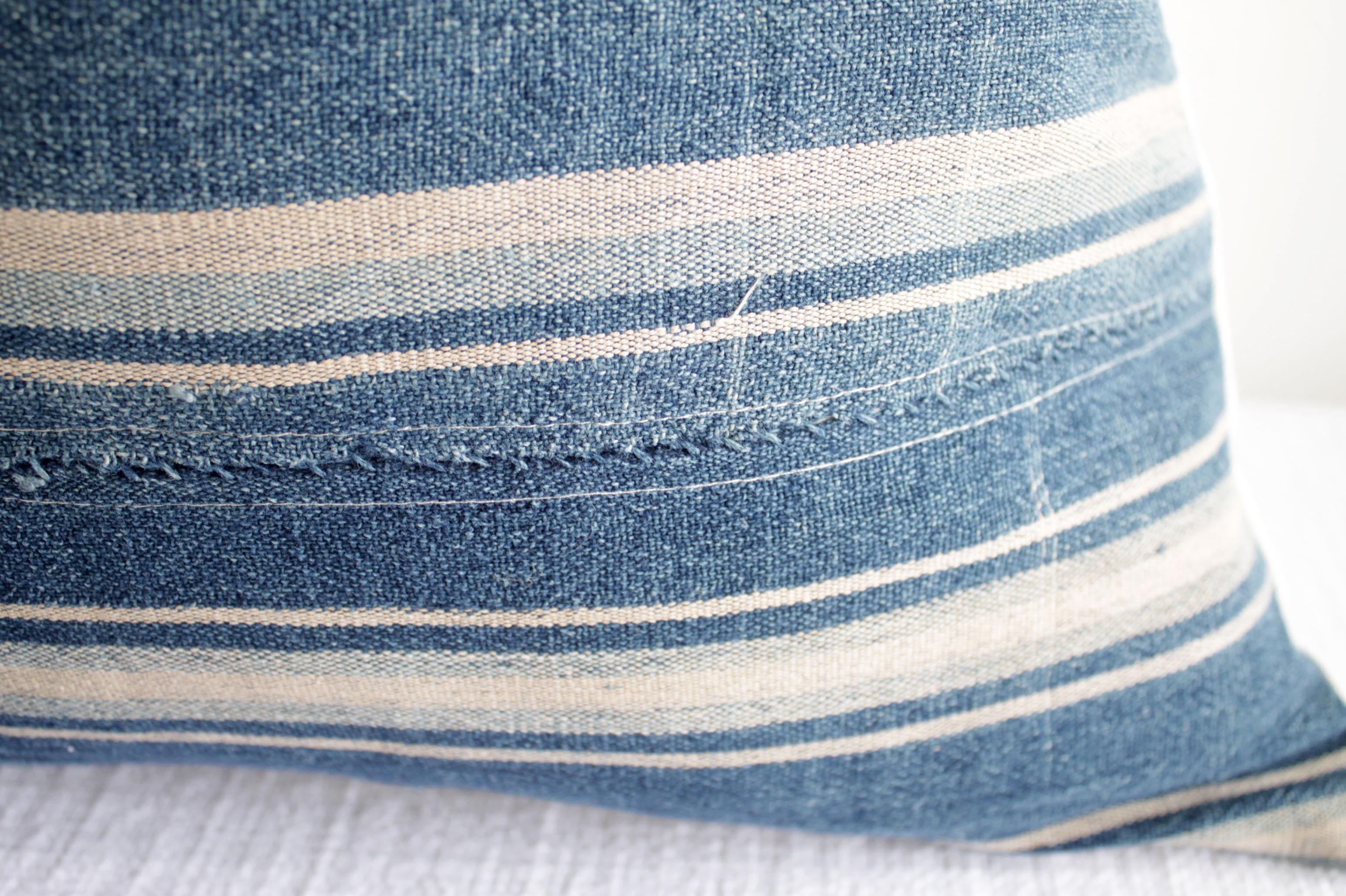 Contemporary Vintage Blue Stripe African Mali Mud Cloth Textile Pillow