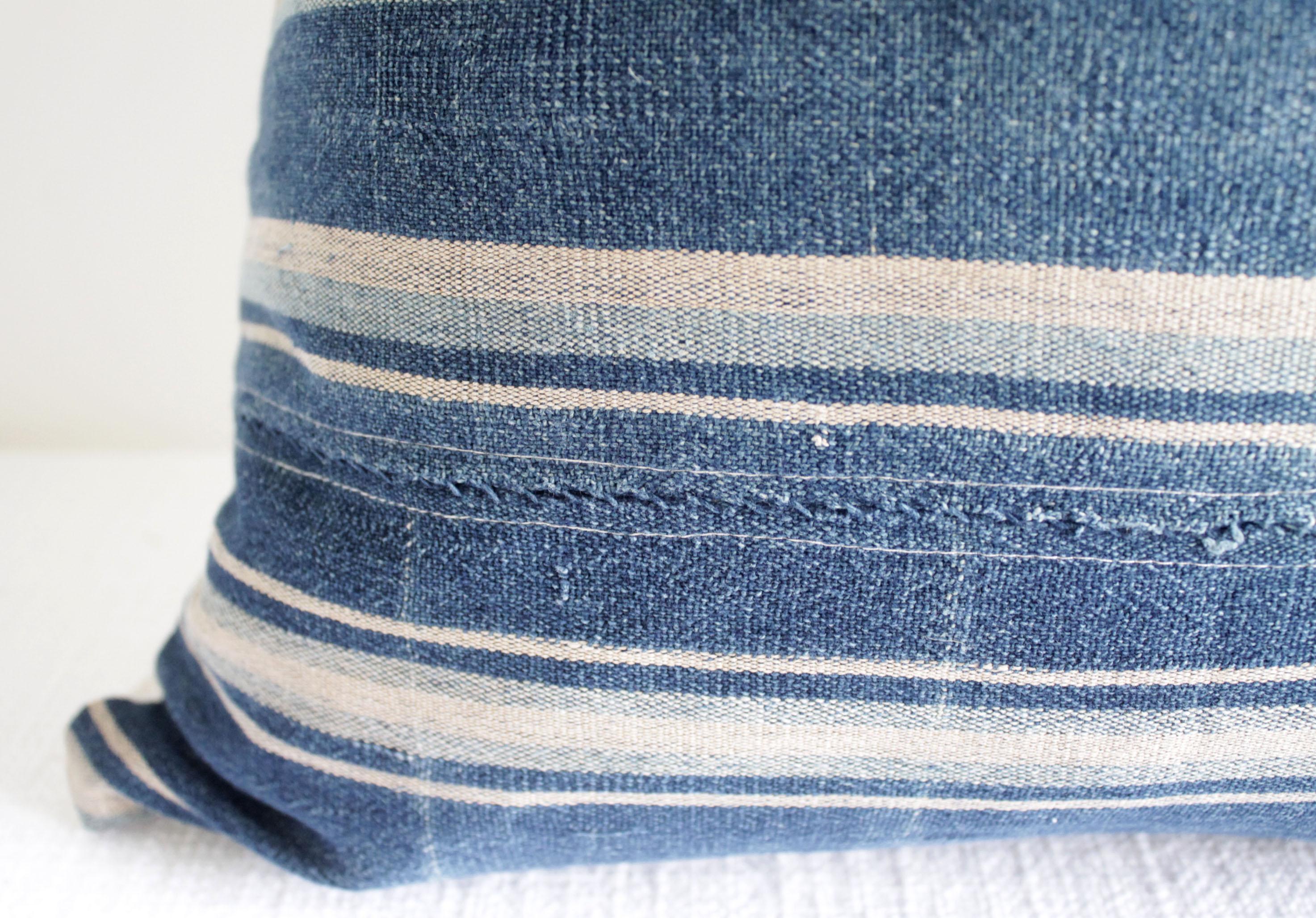 Linen Vintage Blue Stripe African Mali Mud Cloth Textile Pillow