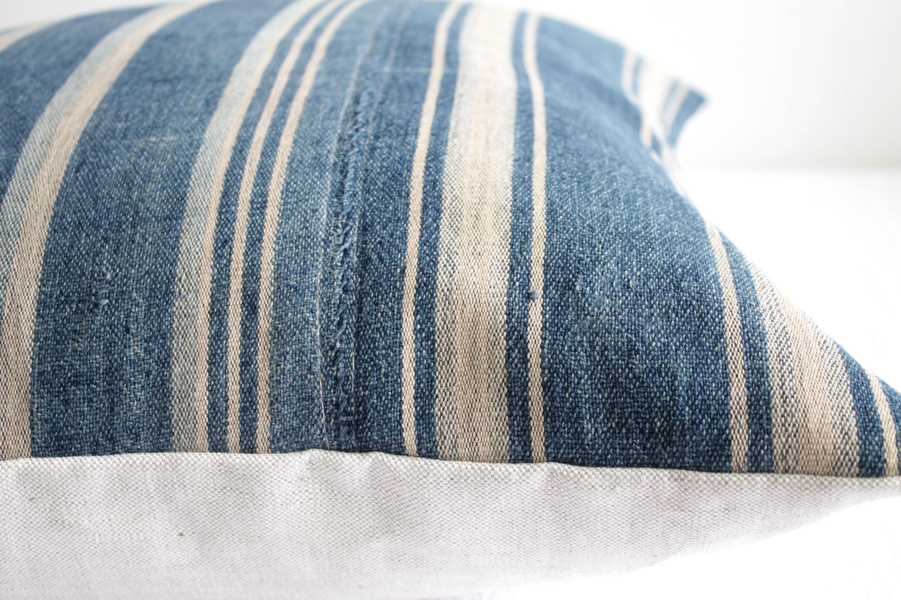 Linen Vintage Blue Stripe African Mali Mud Cloth Textile Pillow