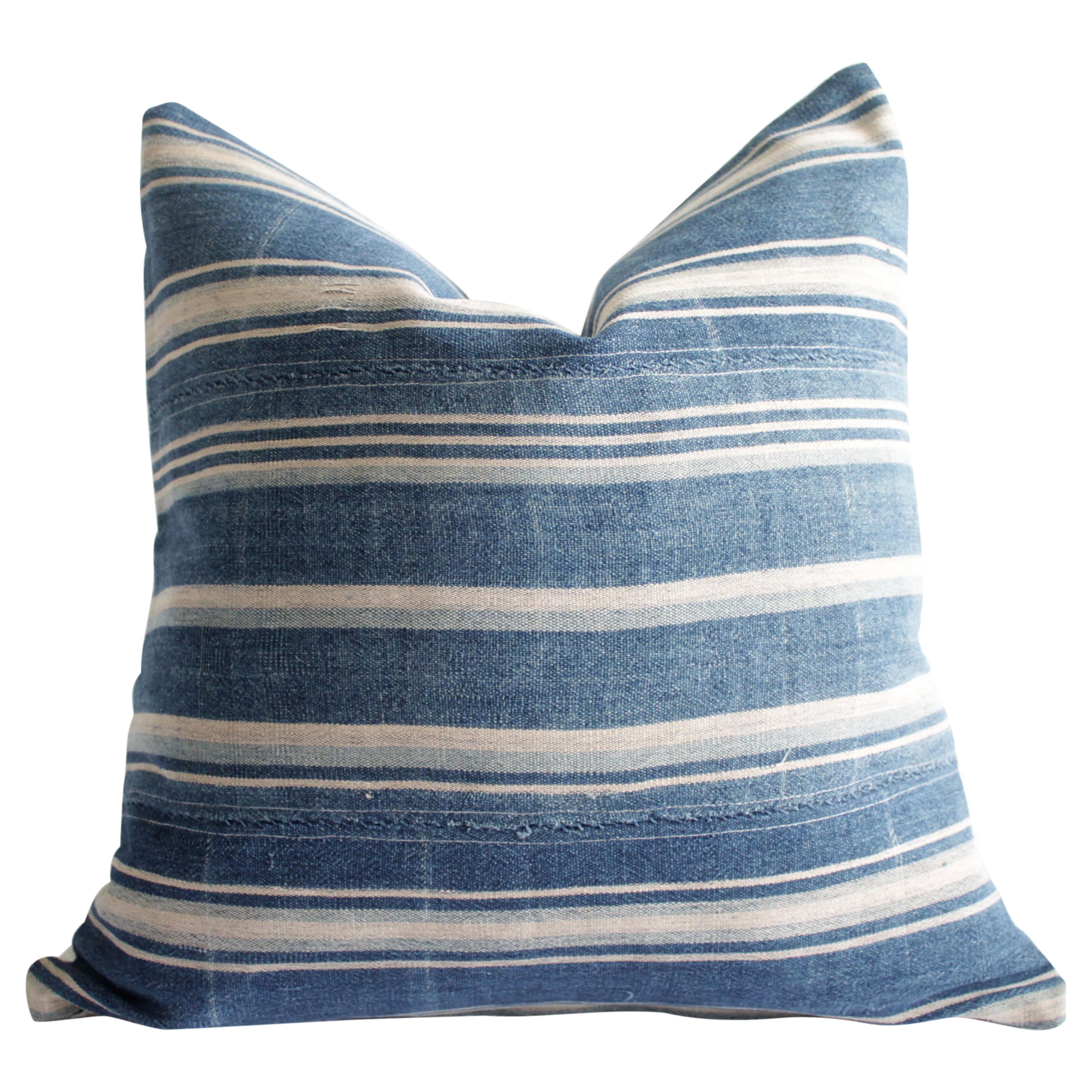 Vintage Blue Stripe African Mali Mud Cloth Textile Pillow