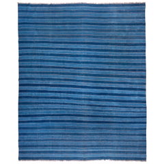 Vintage Blue Striped Indian Dhurrie Rug, Pink Accents, Circa 1960s