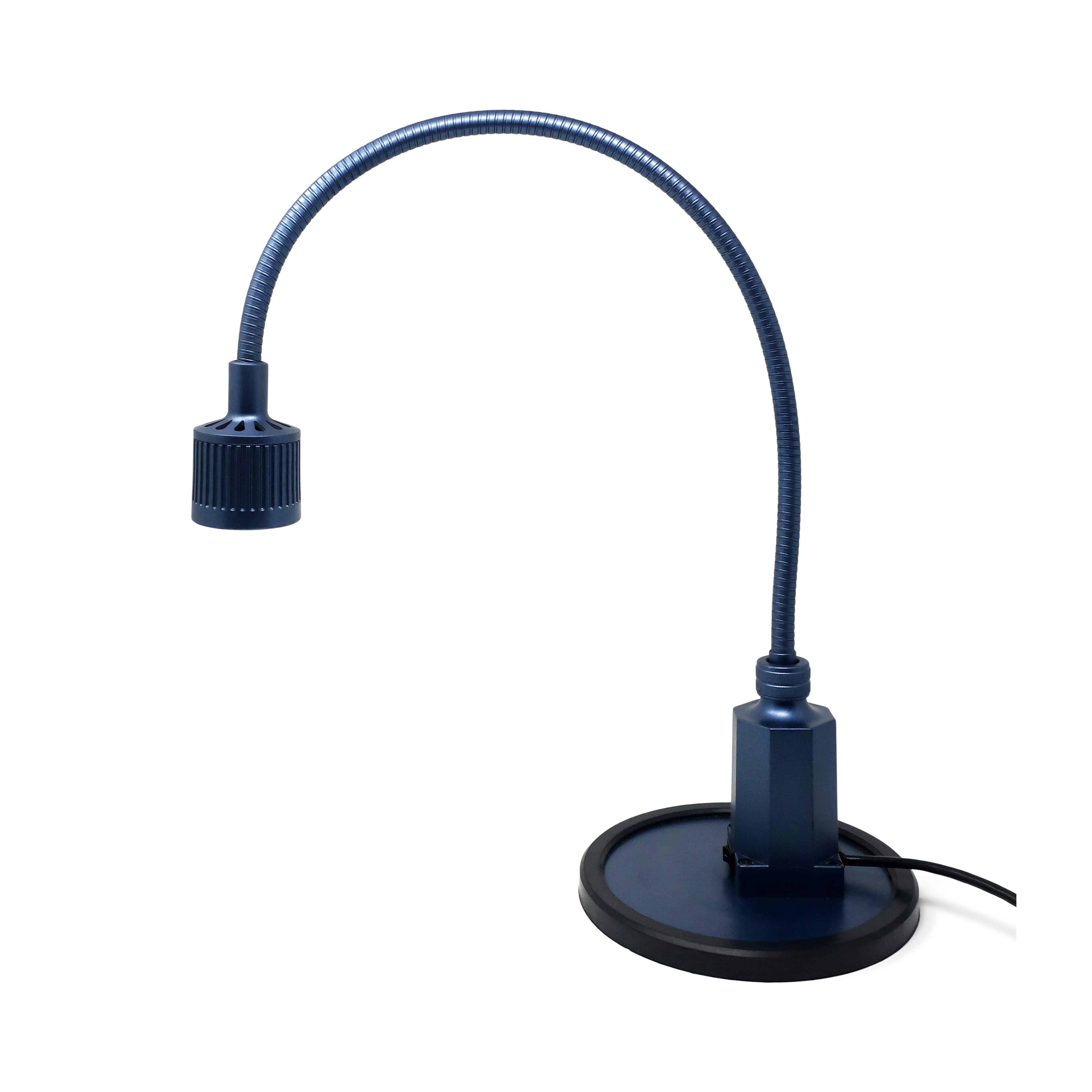 A vintage Sunnex gooseneck desk lamp in a dark electric blue that is perfect for a Minimalist or 1980s inspired home or office. Round metal base with rubber ring, on/off switch on the base, and gooseneck stem. 

In excellent vintage condition with