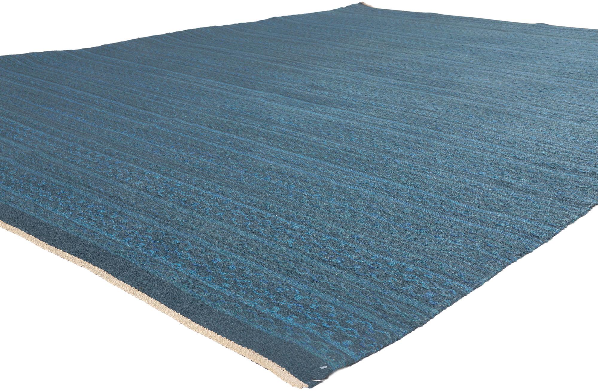 76914 Vintage Swedish Kilim Rollakan Rug, 07'08 x 10'01.
Scandinavian Modern meets Cycladic Santorini in this handwoven wool vintage Swedish rollakan rug. The striped geometric pattern and tonal blue hues woven into this piece work together