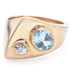 Vintage Blue Topaz 
0.28 Ct Old Euro Diamond Yellow Gold Ring Size 6.5