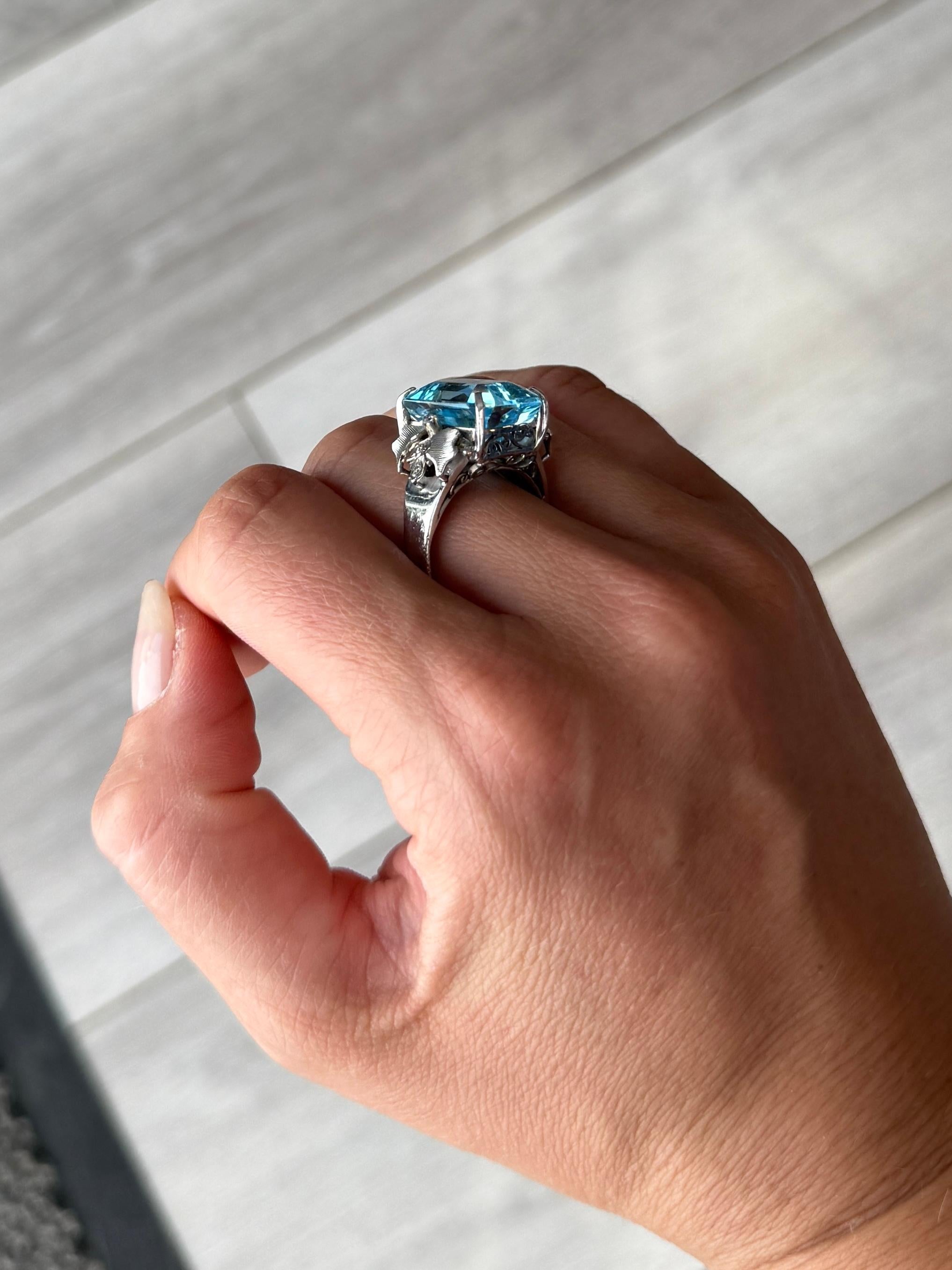 Emerald Cut Vintage Blue Topaz and Diamond 9 Carat White Gold Ring For Sale